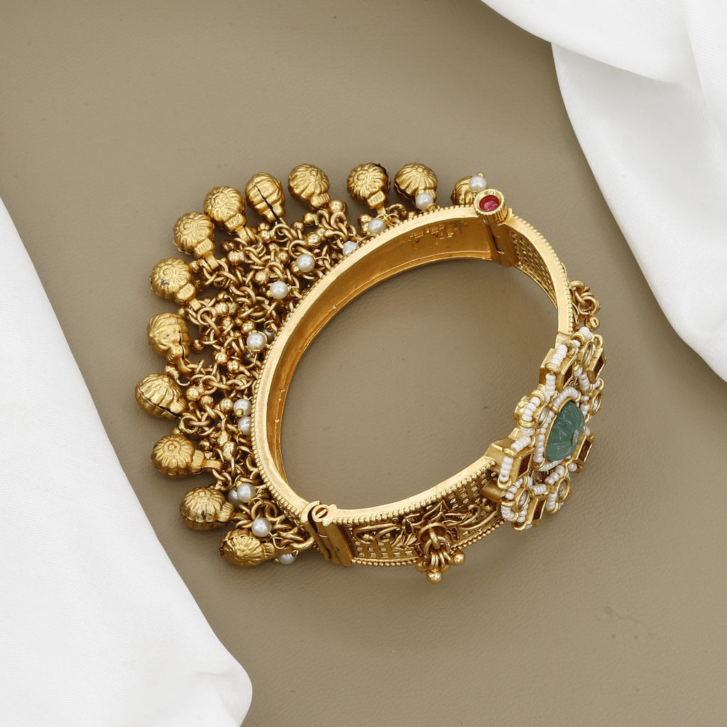 Antique Gold Handcrafted Bracelet Kada with Green Carved Stone & Pearls