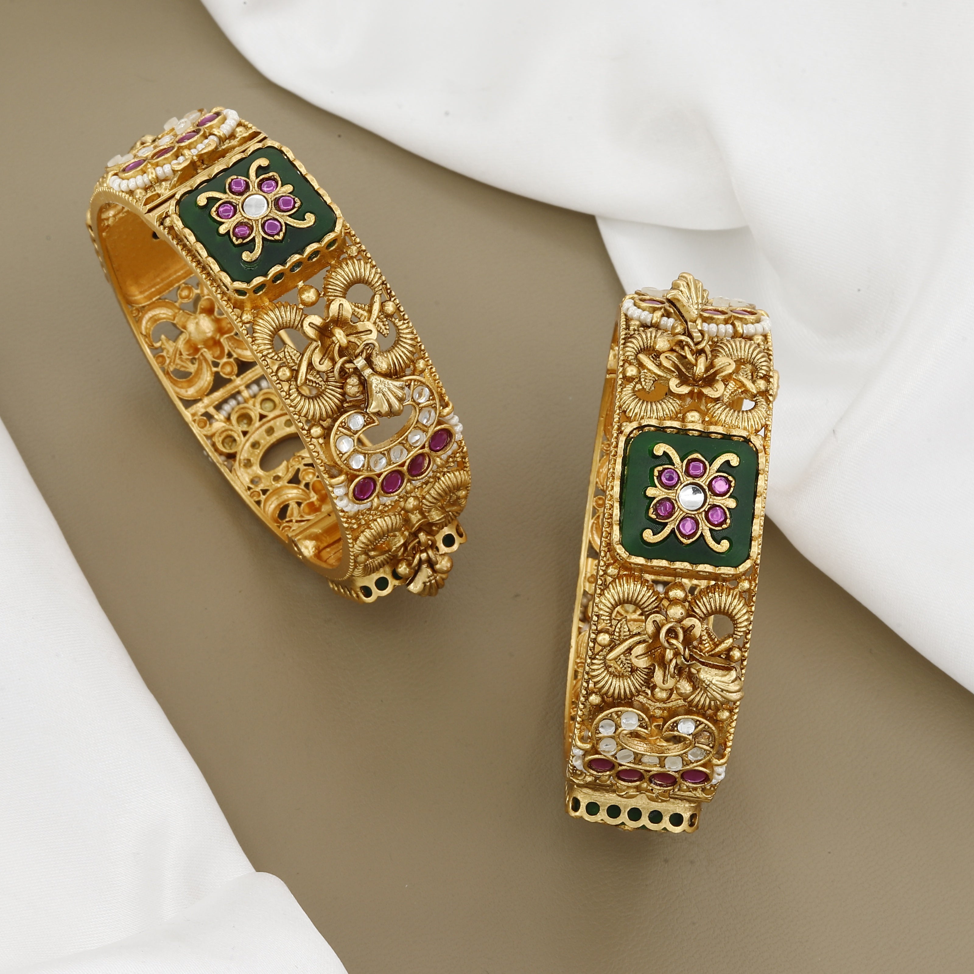 Traditional Gold-Plated Kundan Bangles with Green & Pink Stones