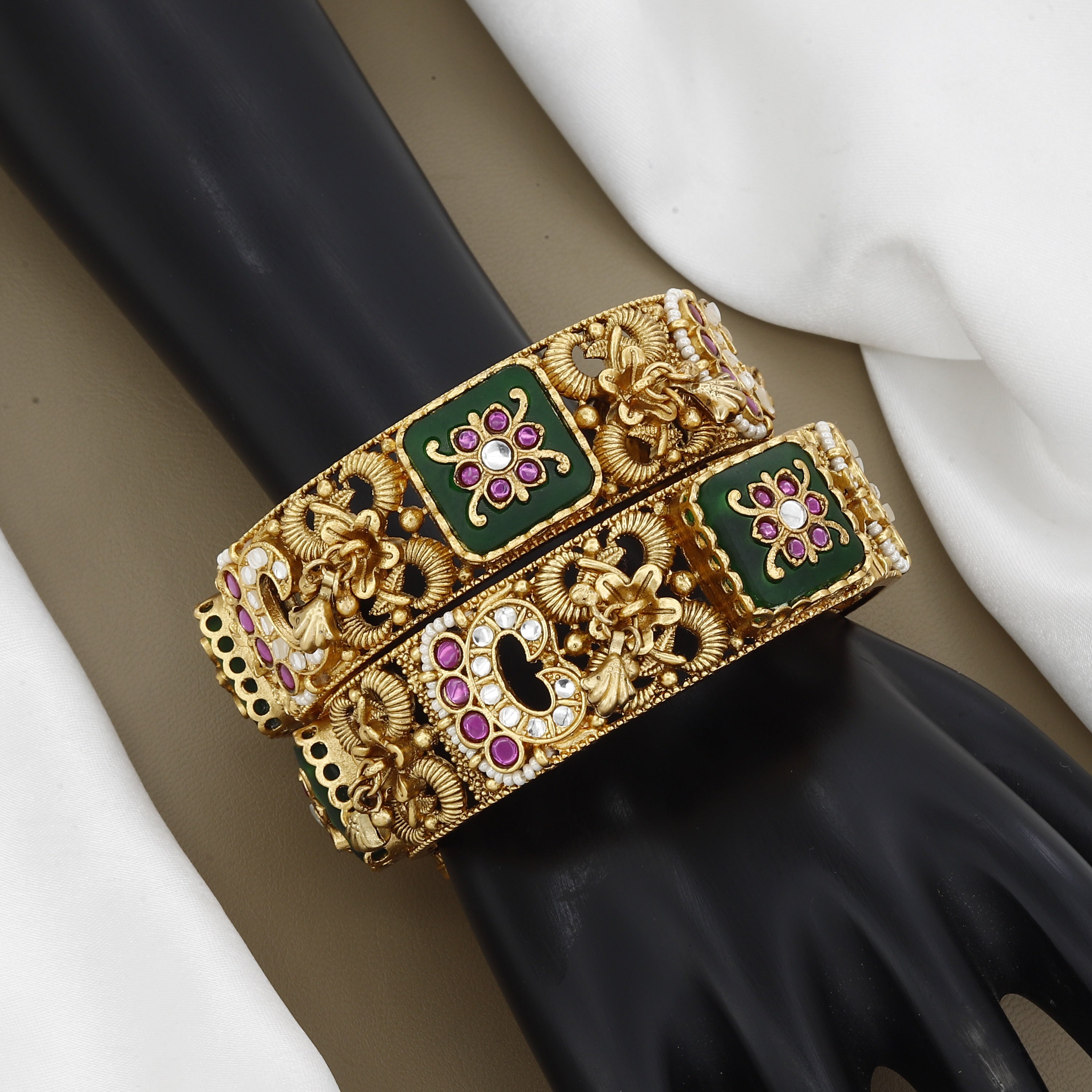 Traditional Gold-Plated Kundan Bangles with Green & Pink Stones