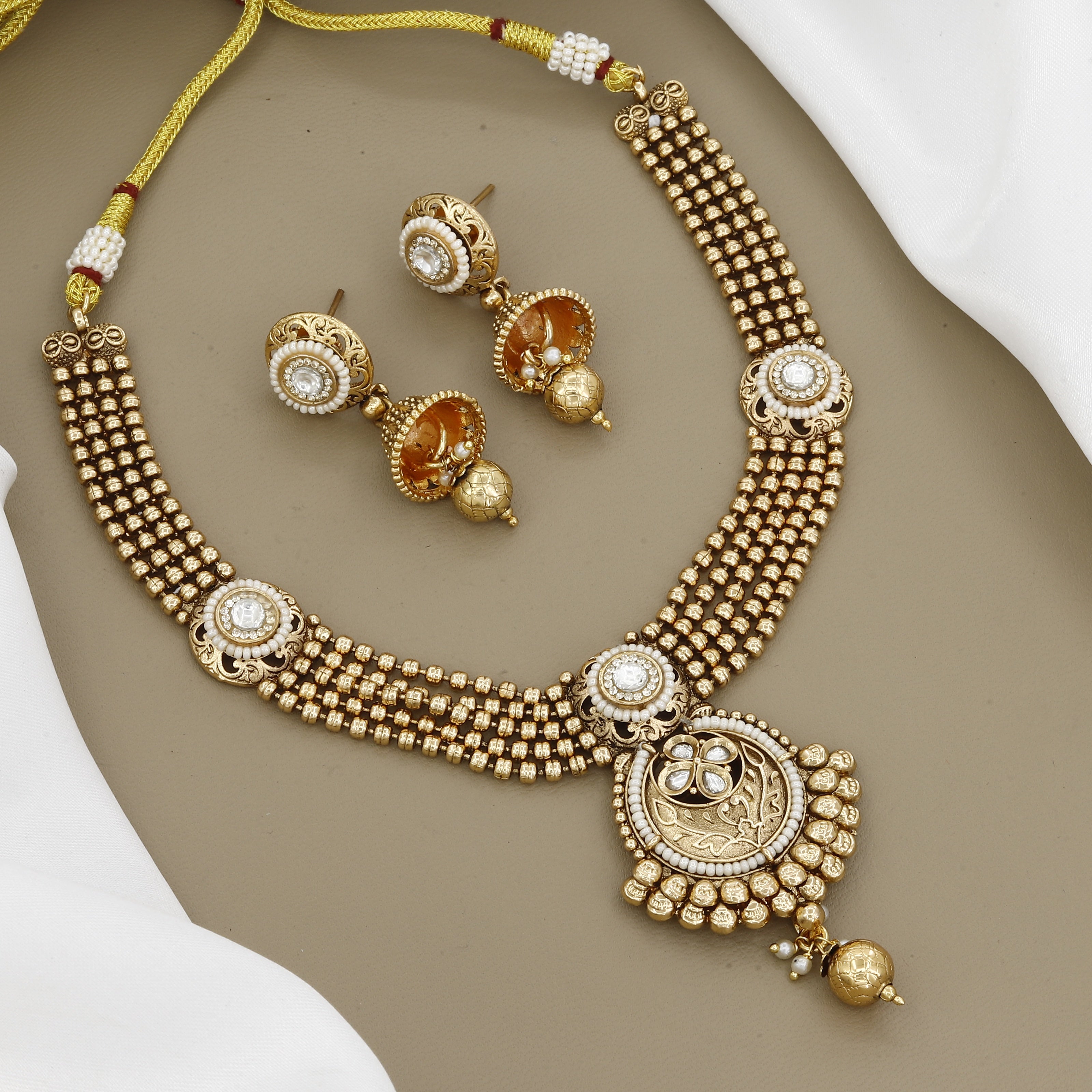 Antique Gold-Plated Beaded Necklace Set with Jhumka Earrings