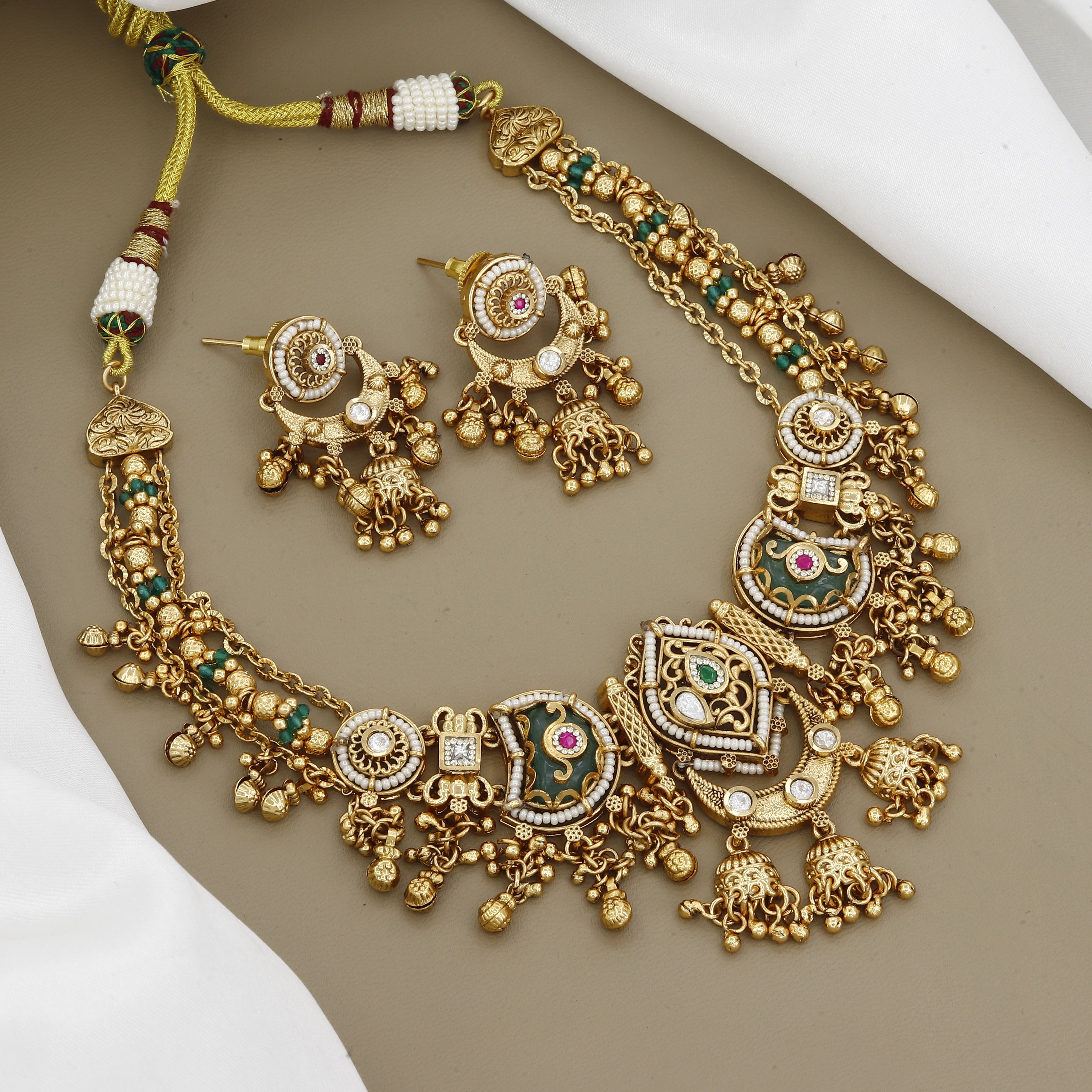 Antique Gold Multi-Strand Necklace with Emerald Bird Pendant Set