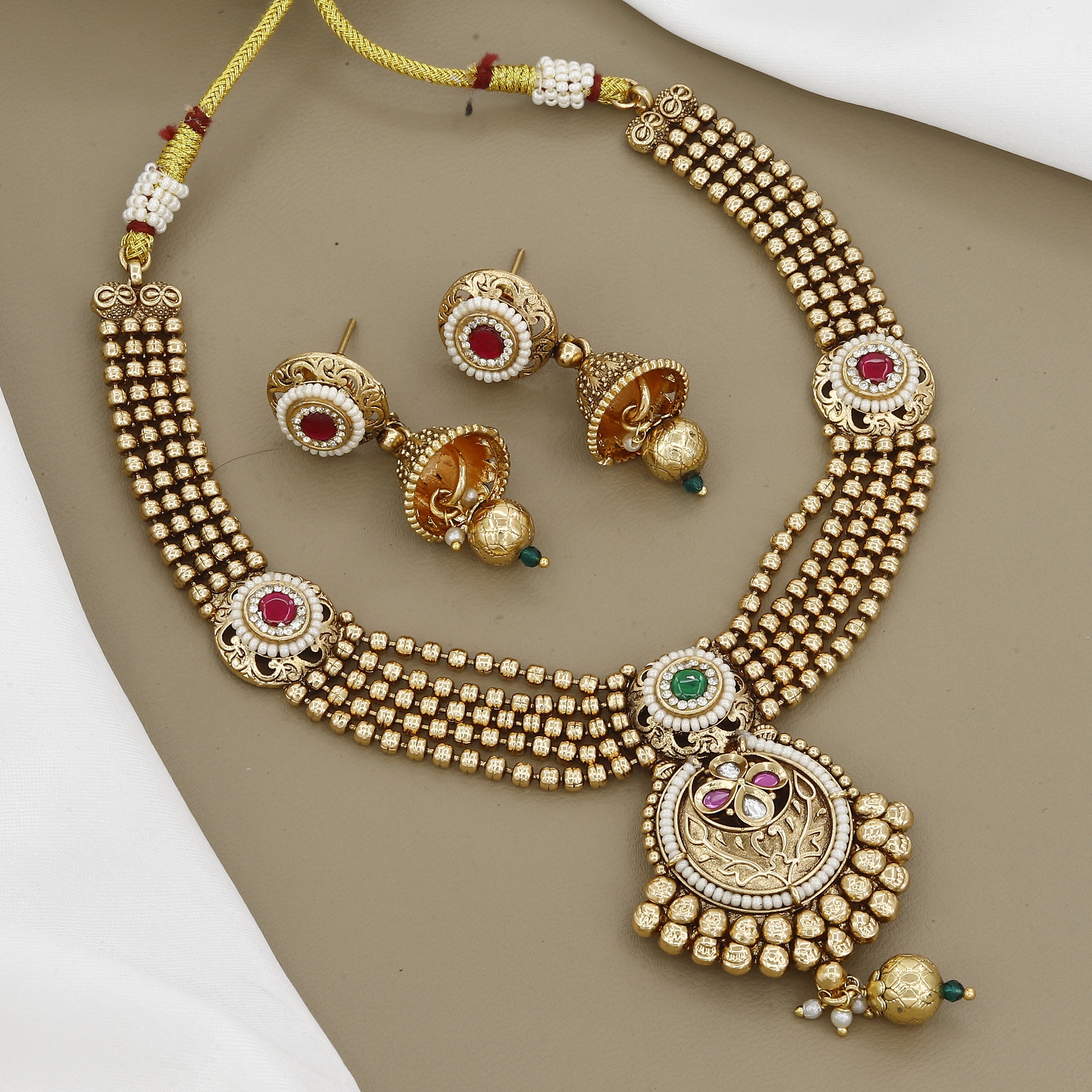Antique Gold-Plated Beaded Necklace Set with Jhumka Earrings