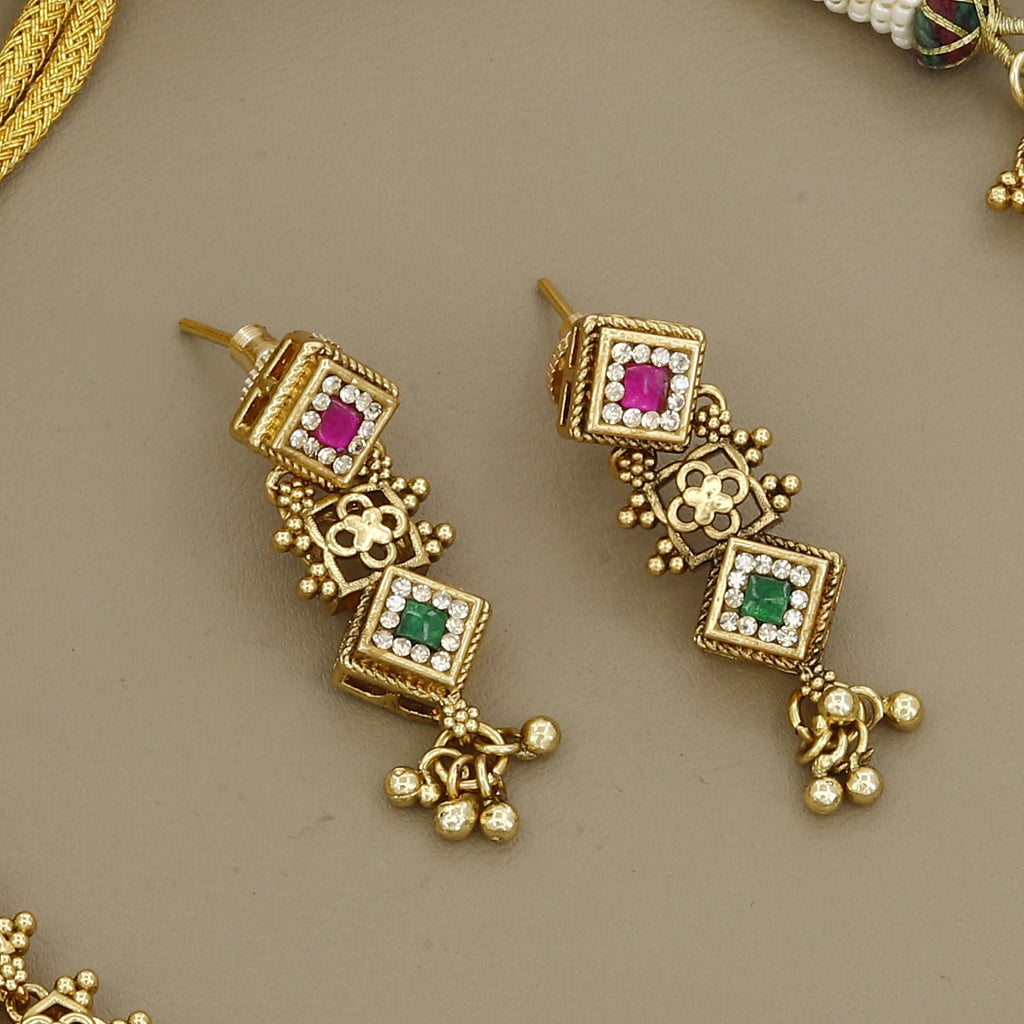 Antique Gold-Plated Multi-Color Stone Choker Necklace Set with Drop Earrings