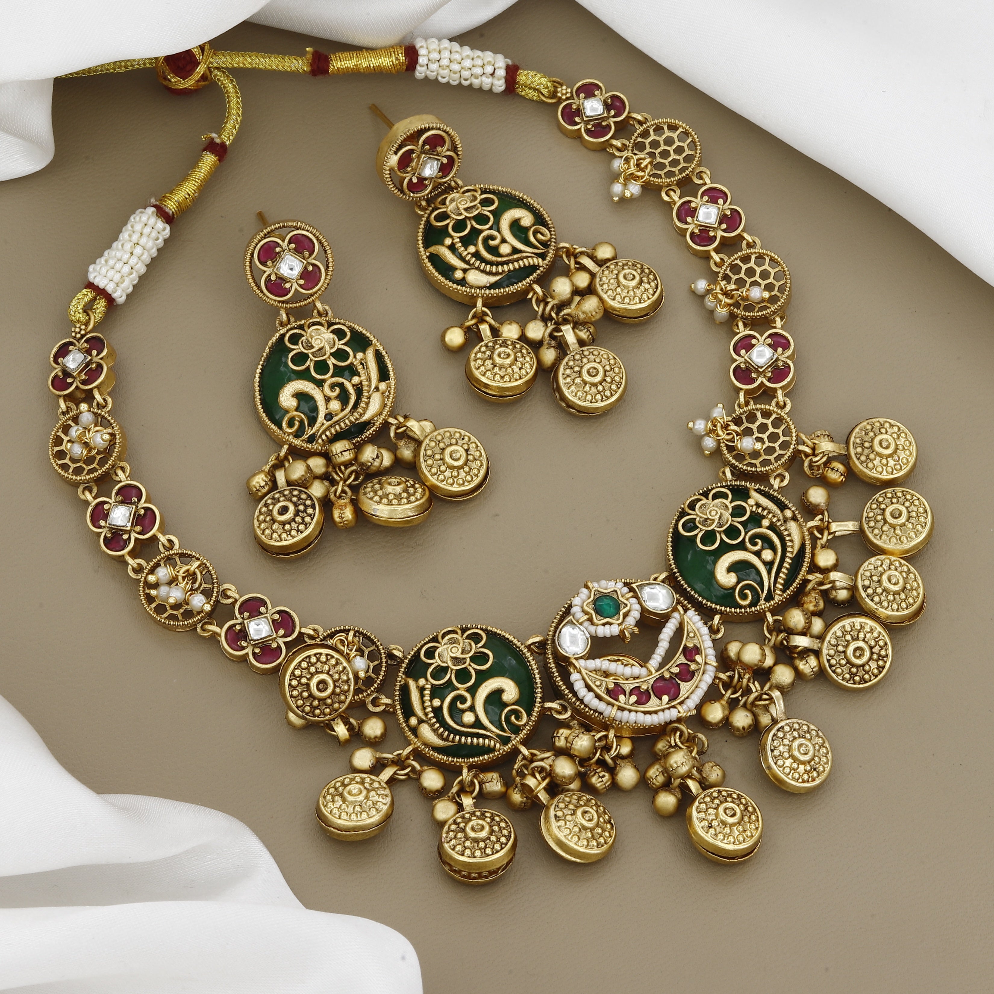 Traditional Green Enamel & Gold-Tone Necklace Set