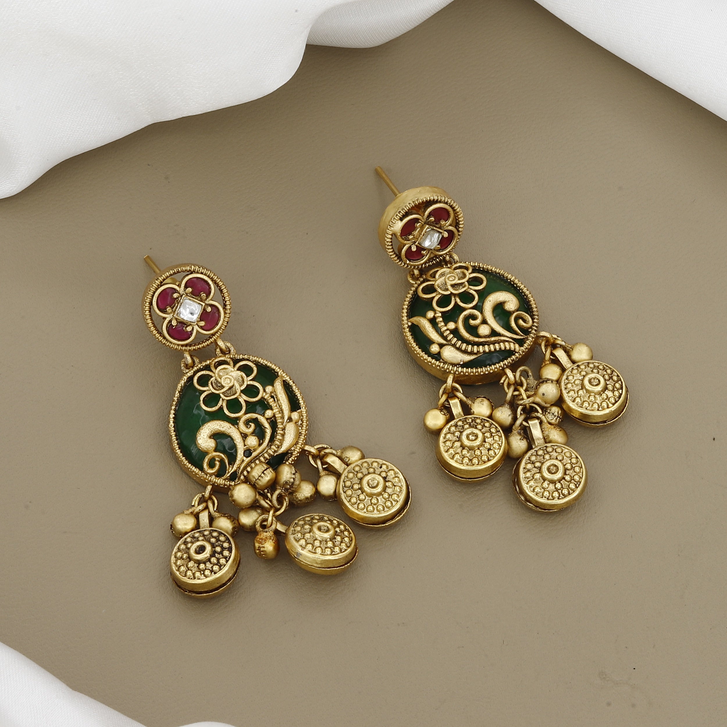 Traditional Green Enamel & Gold-Tone Necklace Set