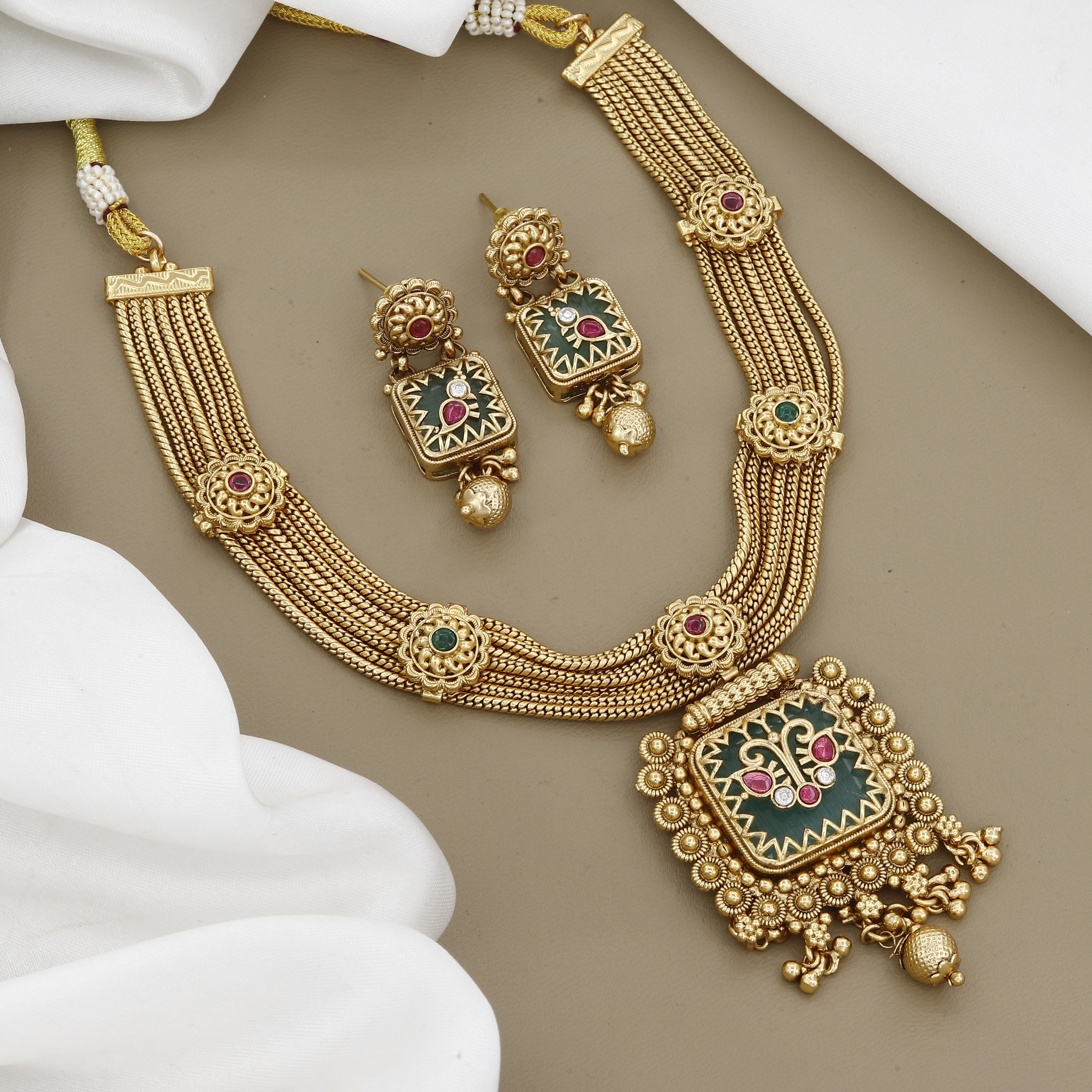 Antique Gold-Plated Multi-Strand Meenakari Pendant Set