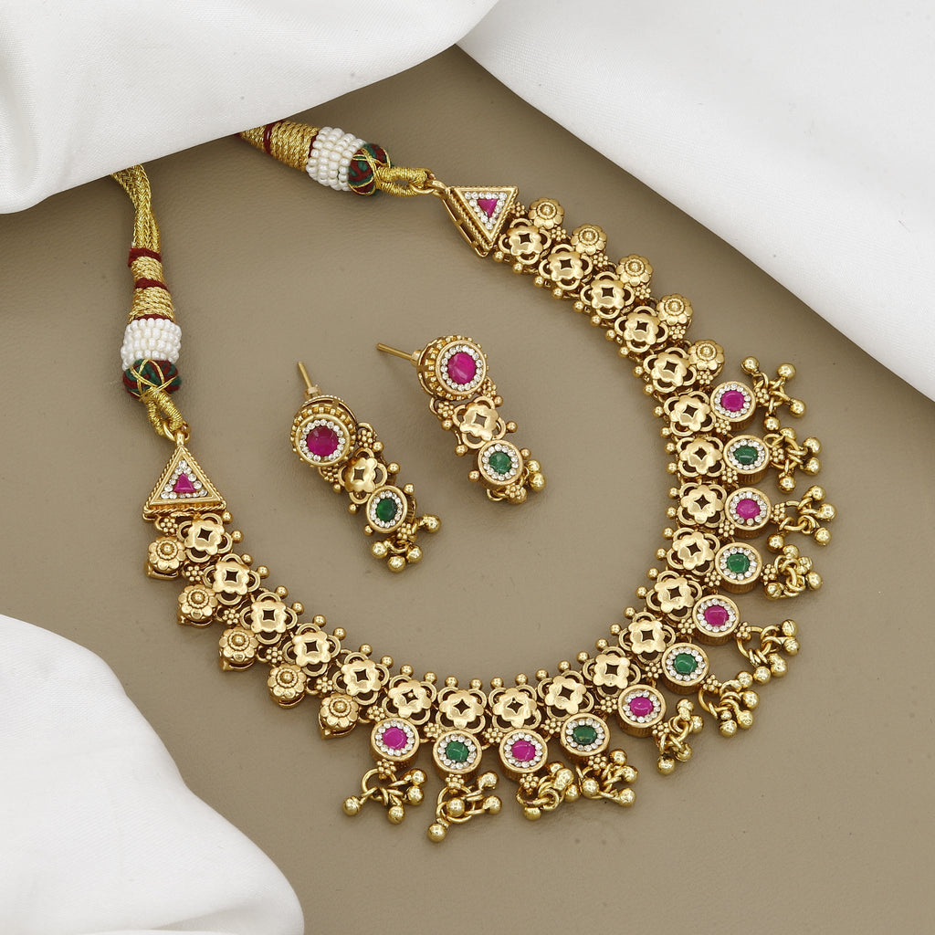Traditional Gold-Plated Kundan Necklace Set with Pink & Green Accents