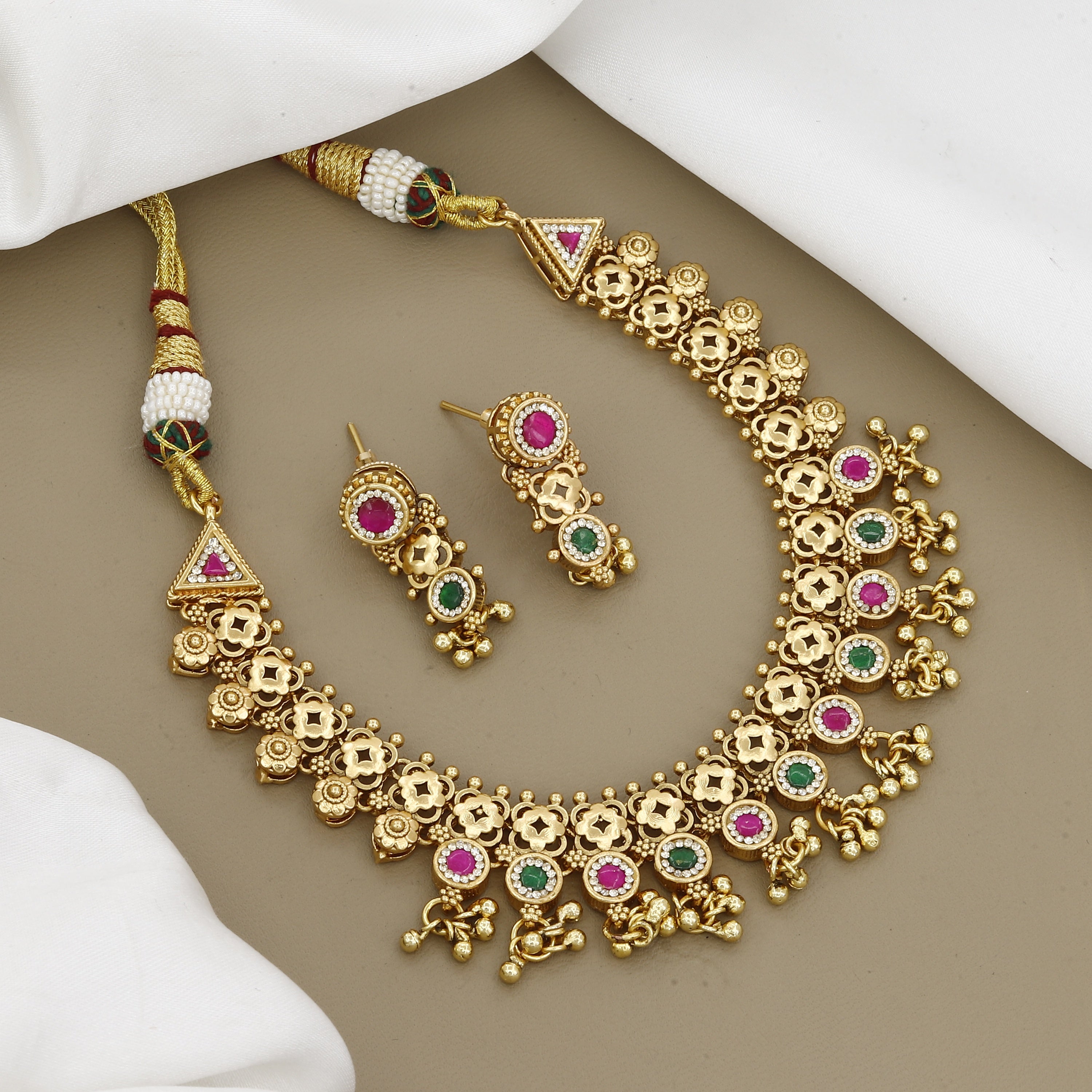 Traditional Gold-Plated Kundan Necklace Set with Pink & Green Accents