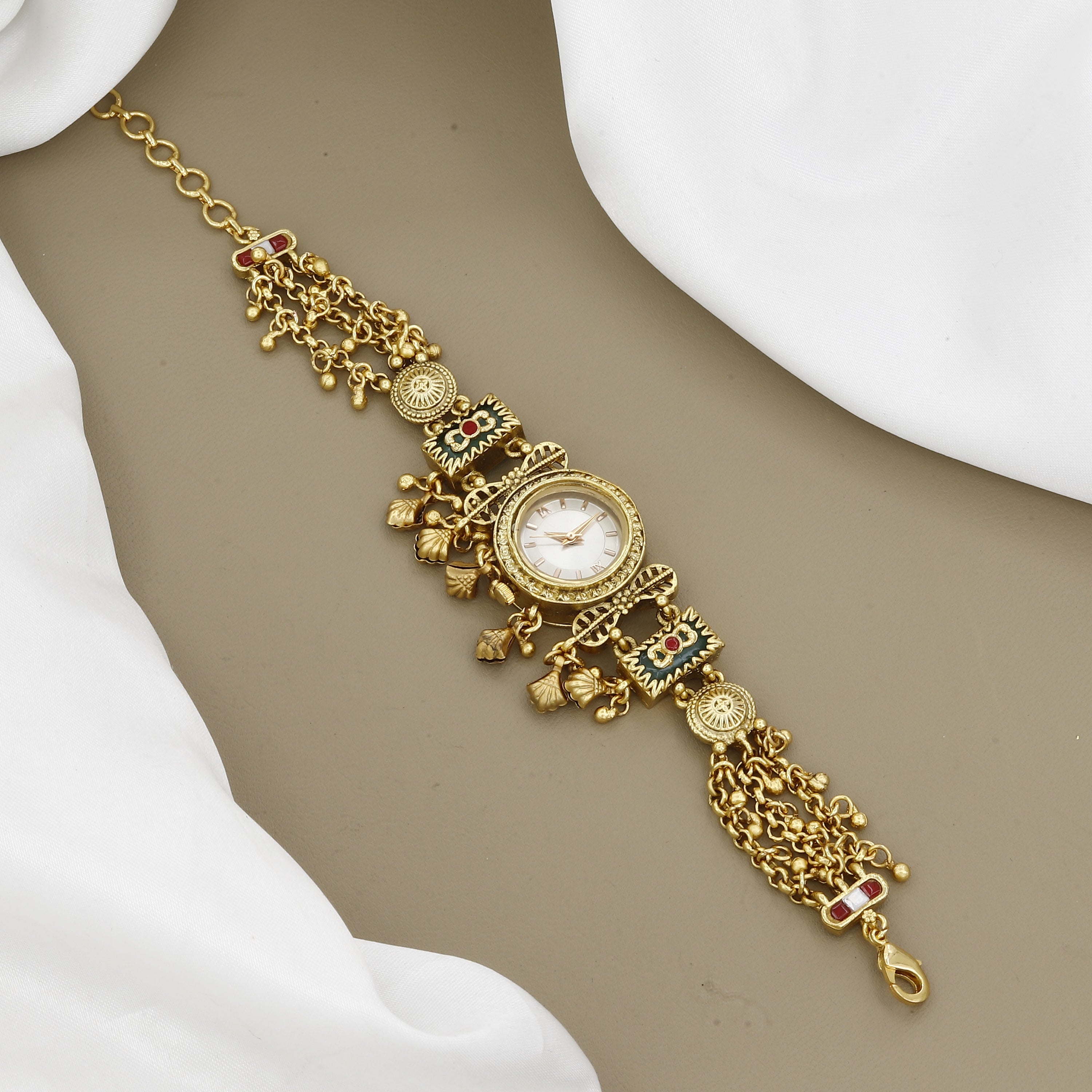 Vintage Gold-Plated Bracelet Watch with Meenakari Enamel & Ghungroo
