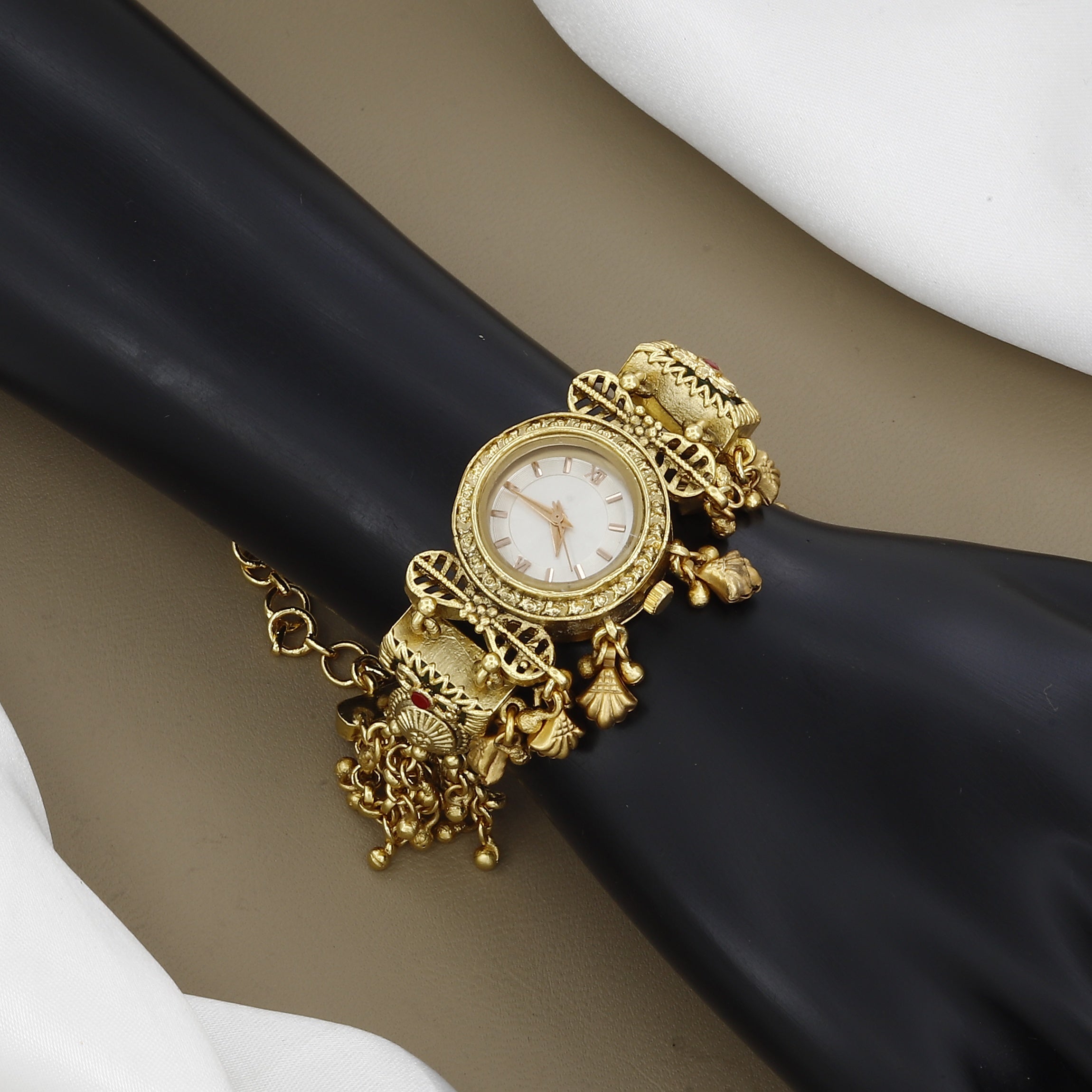 Vintage Gold-Plated Bracelet Watch with Meenakari Enamel & Ghungroo