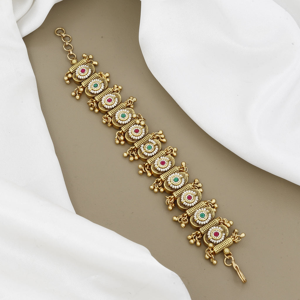 Antique Gold Stone & Seed Pearl Medallion Bracelet