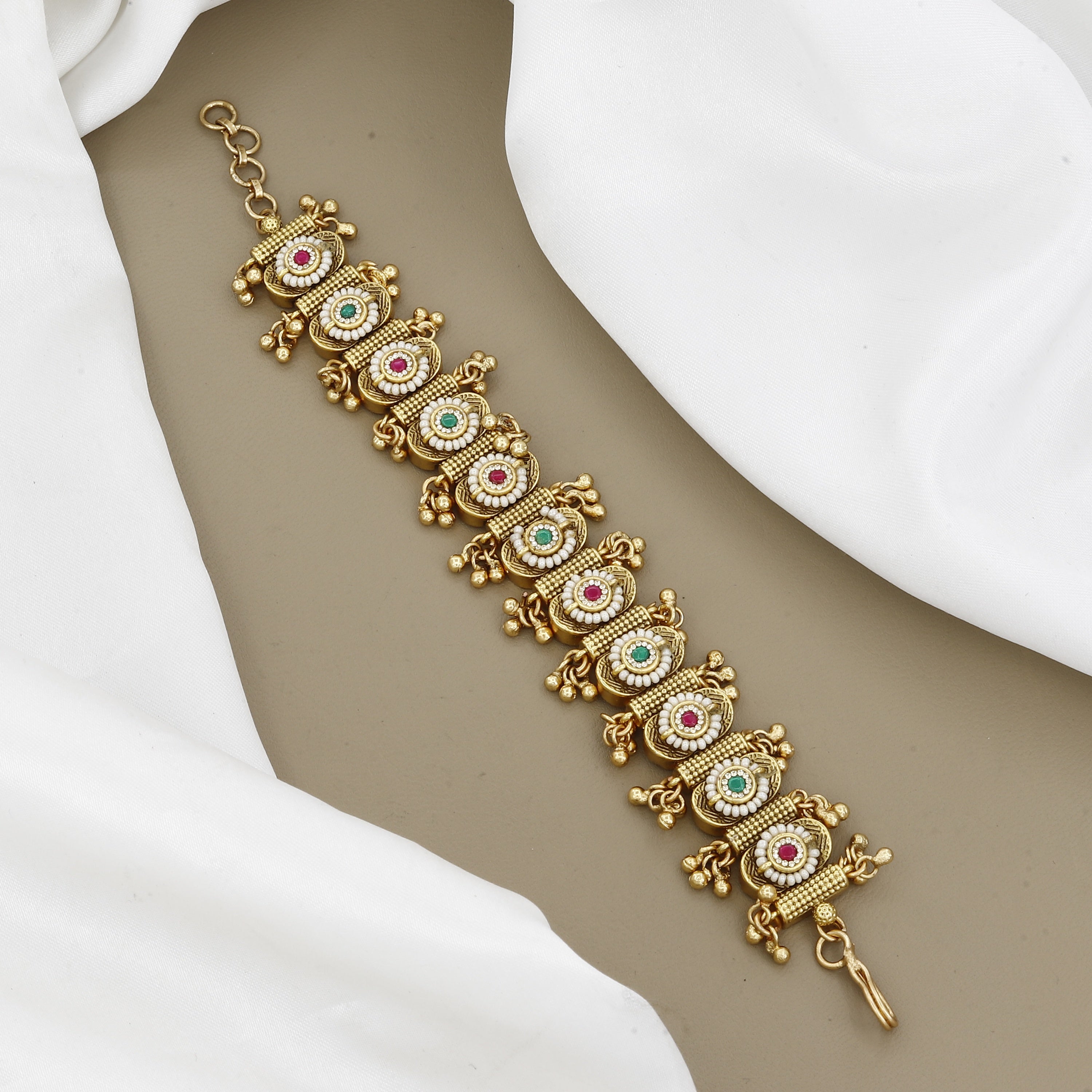 Antique Gold Stone & Seed Pearl Medallion Bracelet
