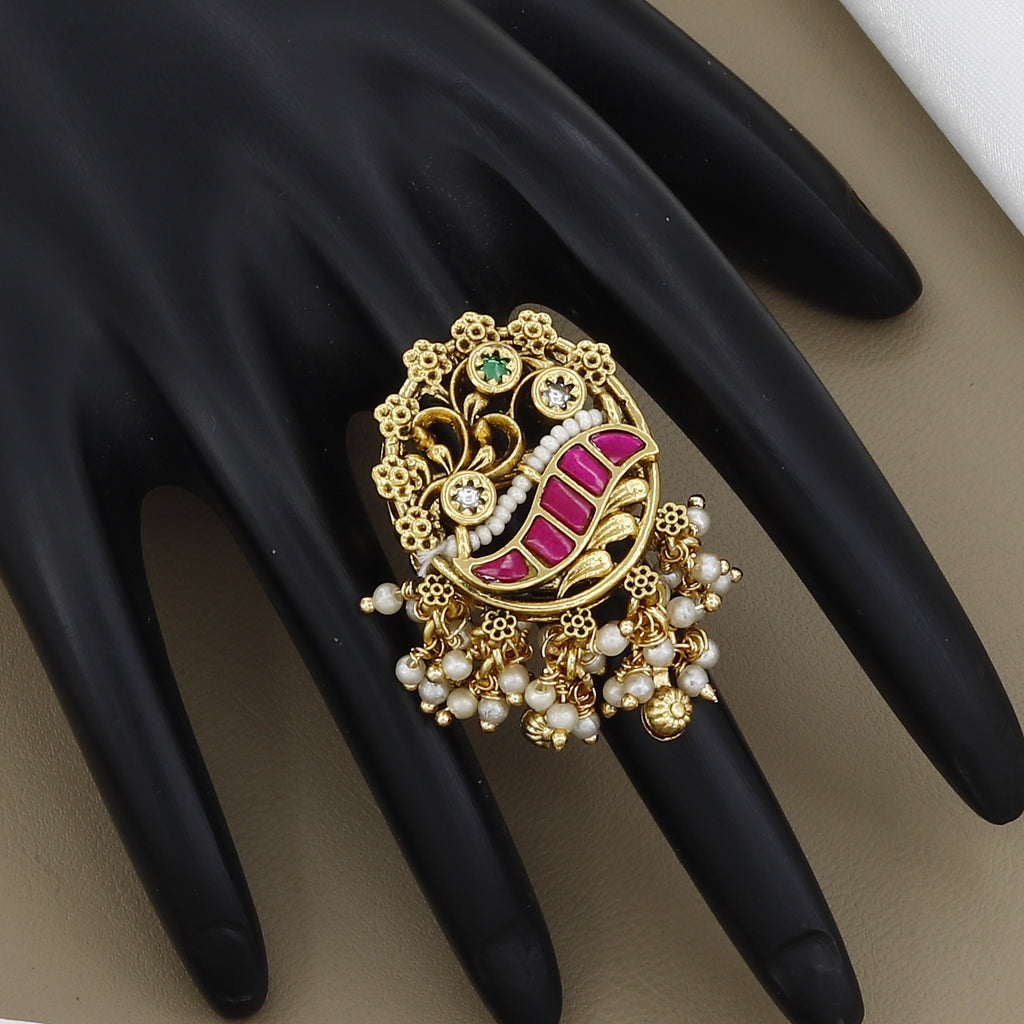 Antique Gold-toned Peacock Motif Statement Ring