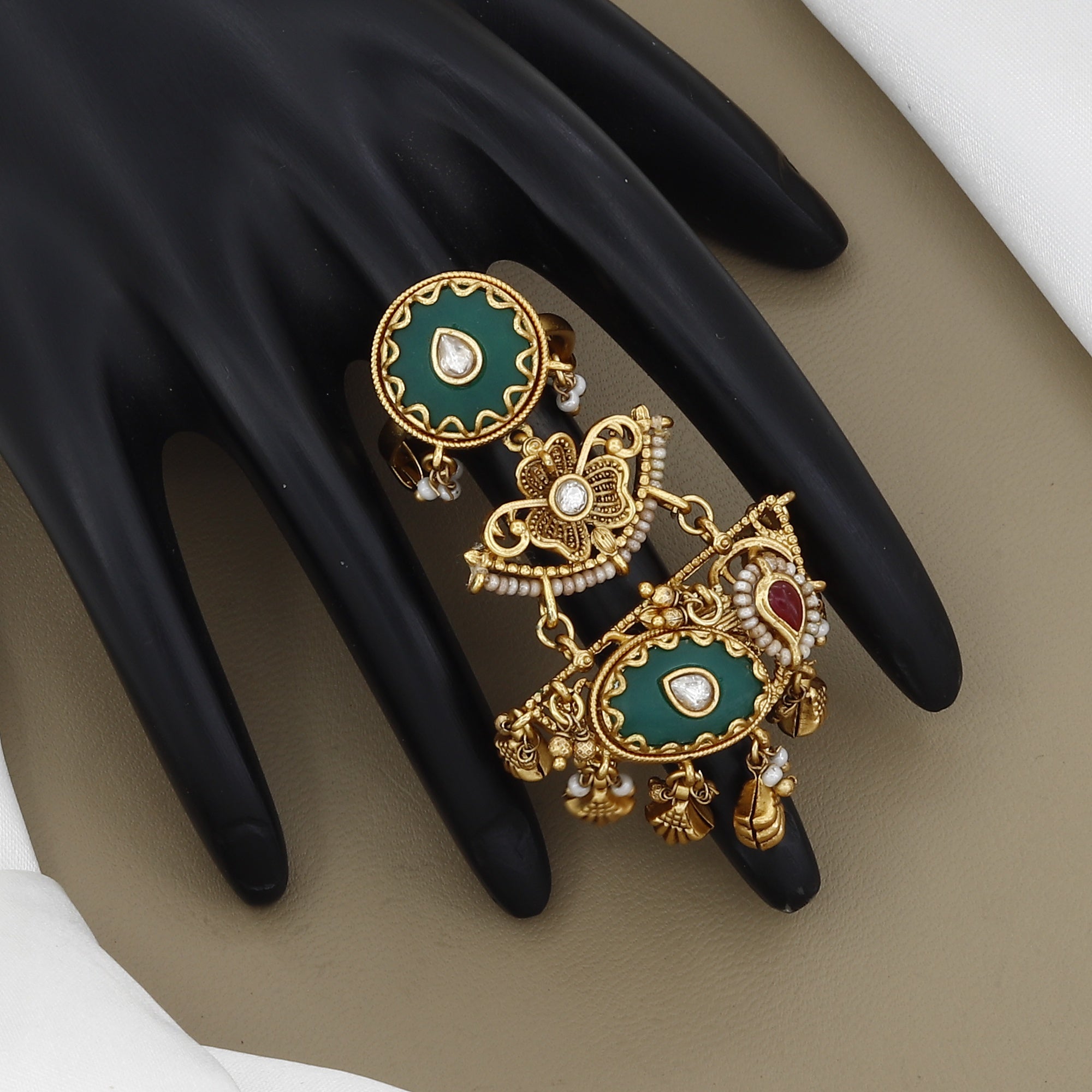 Antique Gold-Plated Emerald Green Jadau Statement Ring