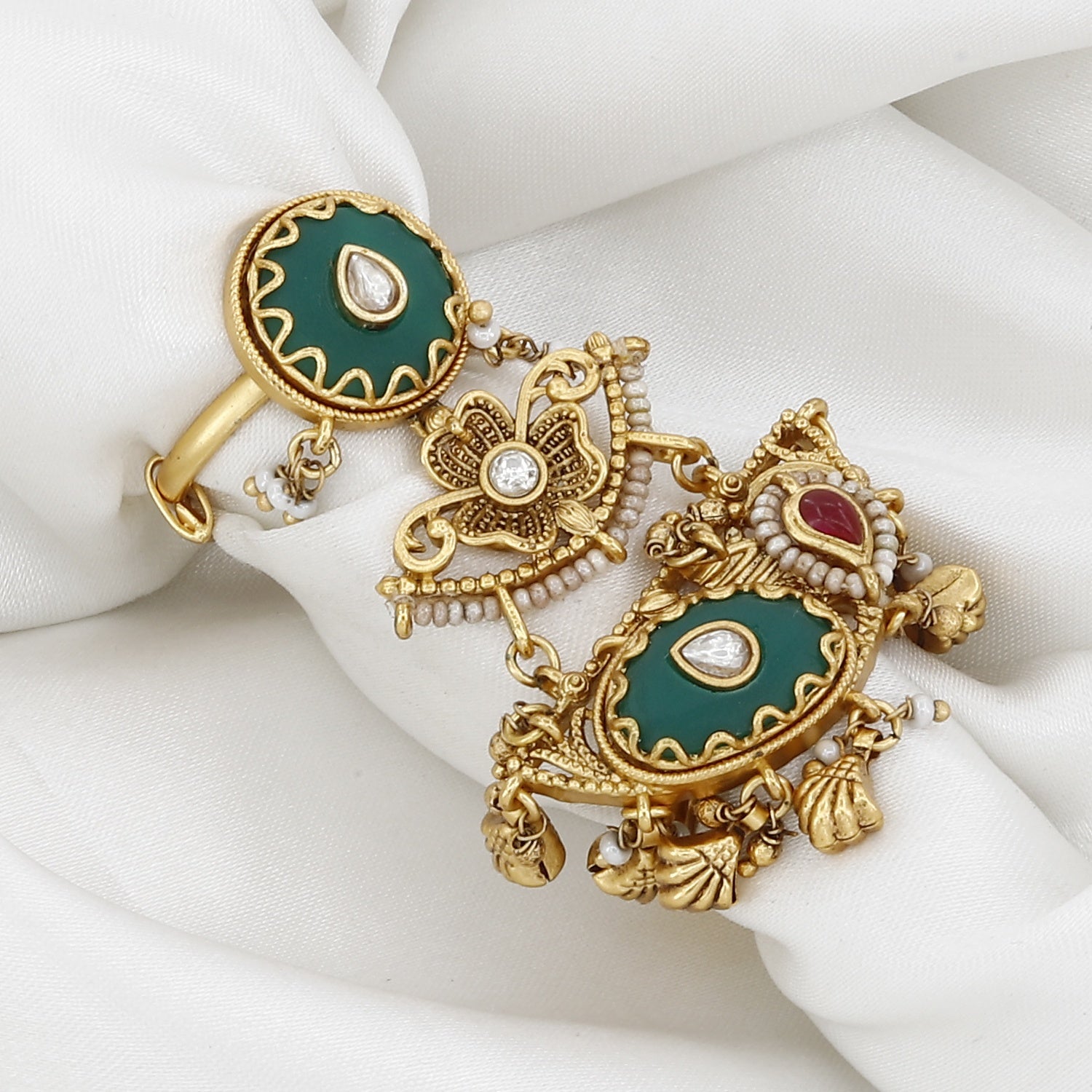 Antique Gold-Plated Emerald Green Jadau Statement Ring