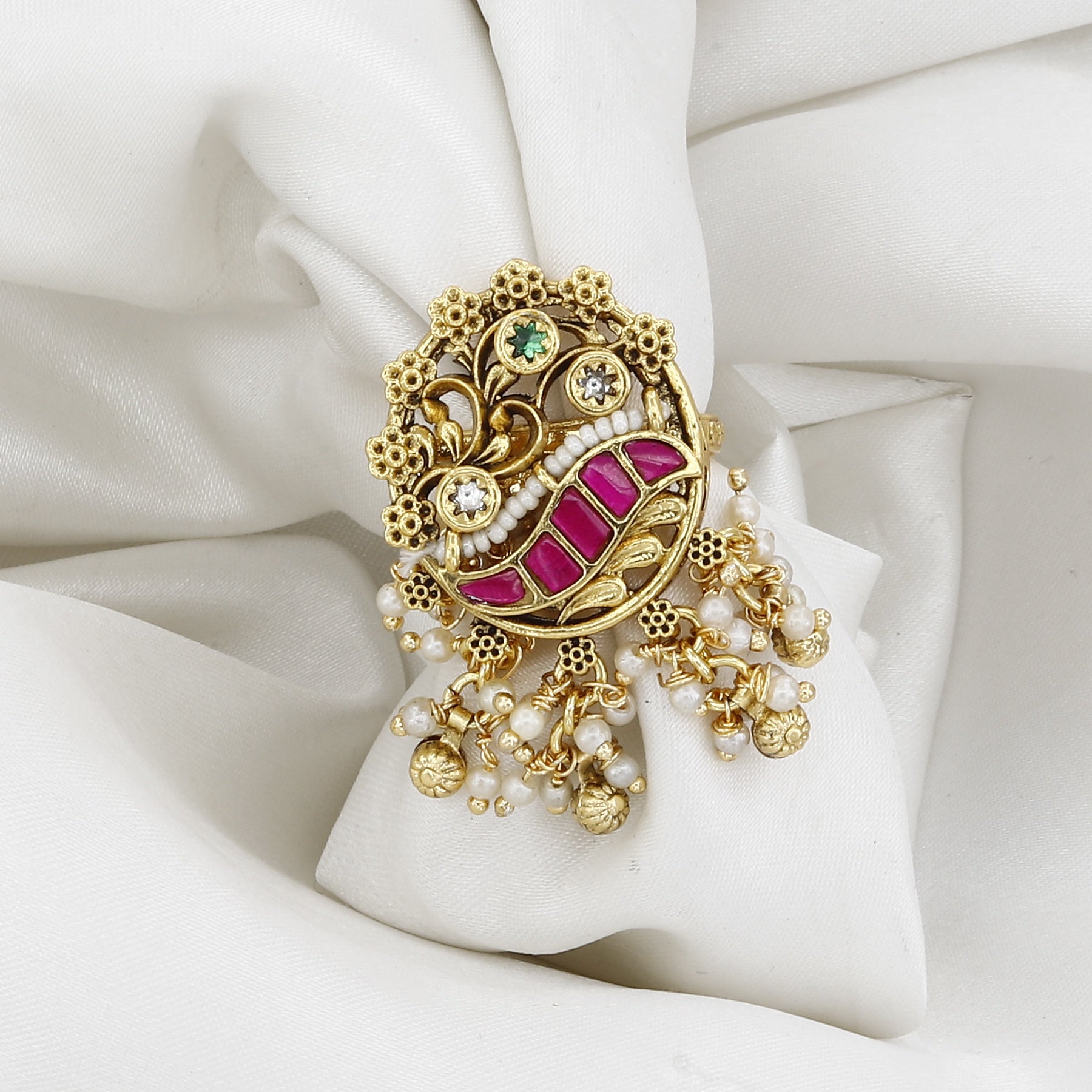 Antique Gold-toned Peacock Motif Statement Ring