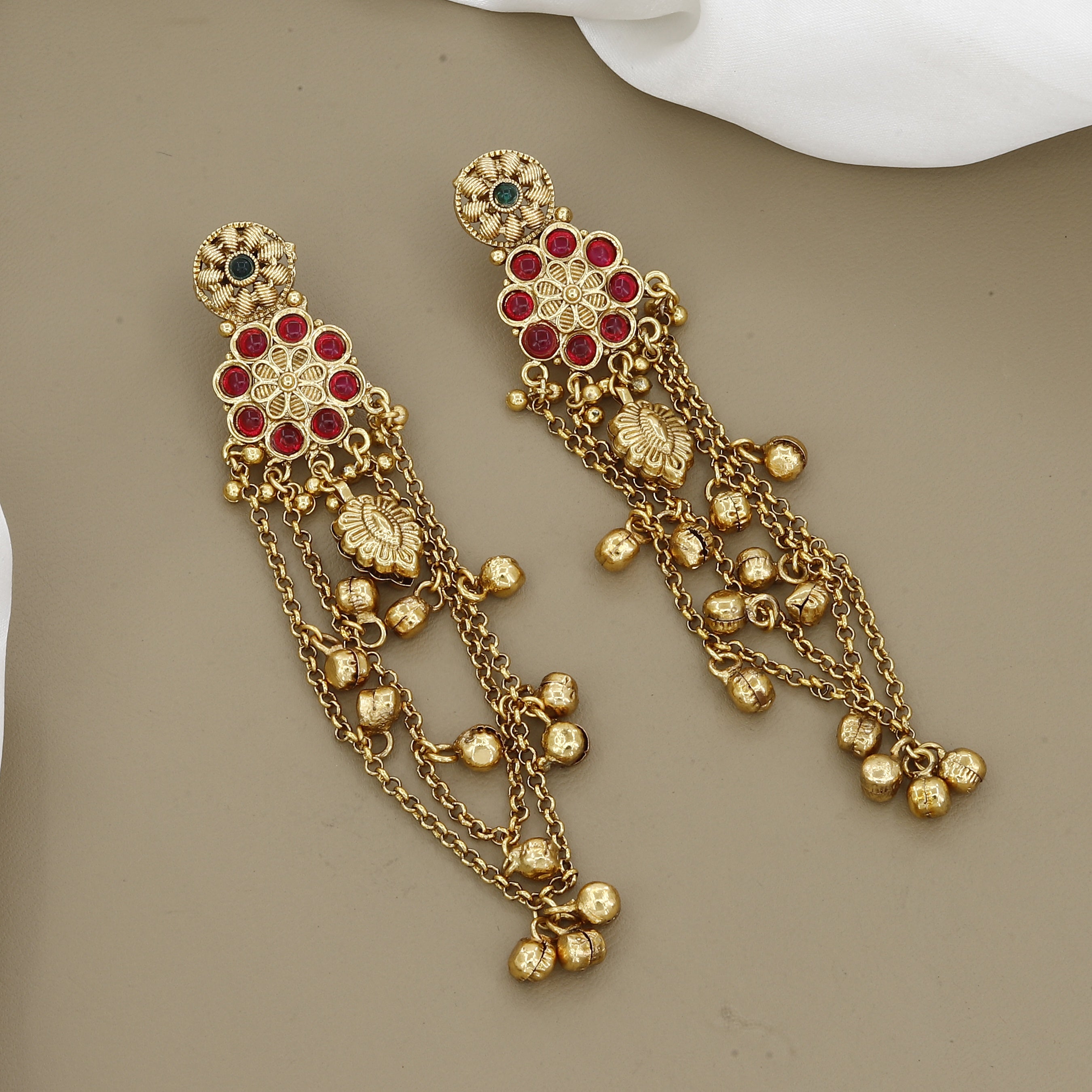 Antique Gold Ruby Floral Cascading Earrings with Ghungroo
