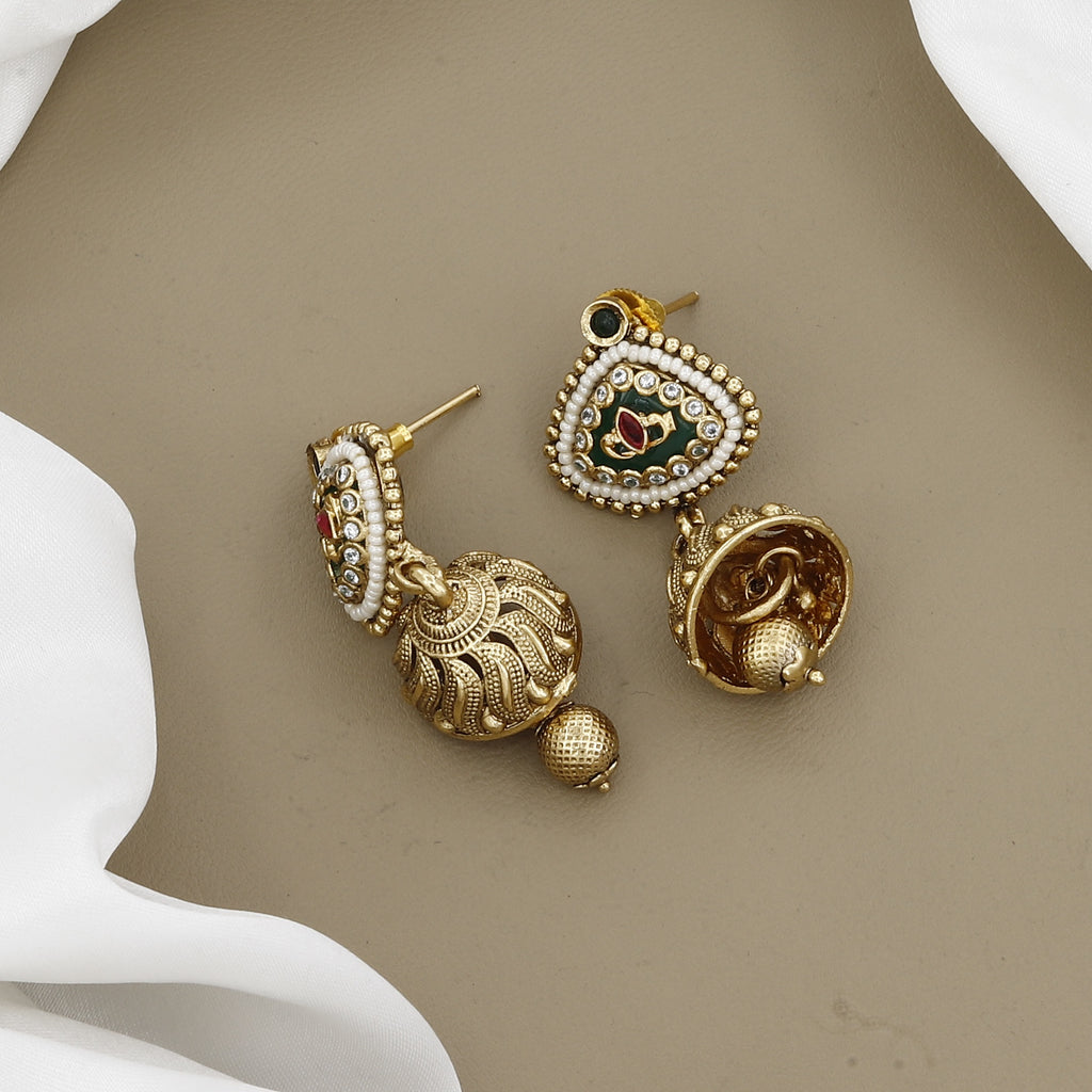 Antique Gold-Toned Multi-Strand Necklace Set with Kundan & Emerald Green Accents