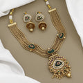 Antique Gold-Toned Multi-Strand Necklace Set with Kundan & Emerald Green Accents