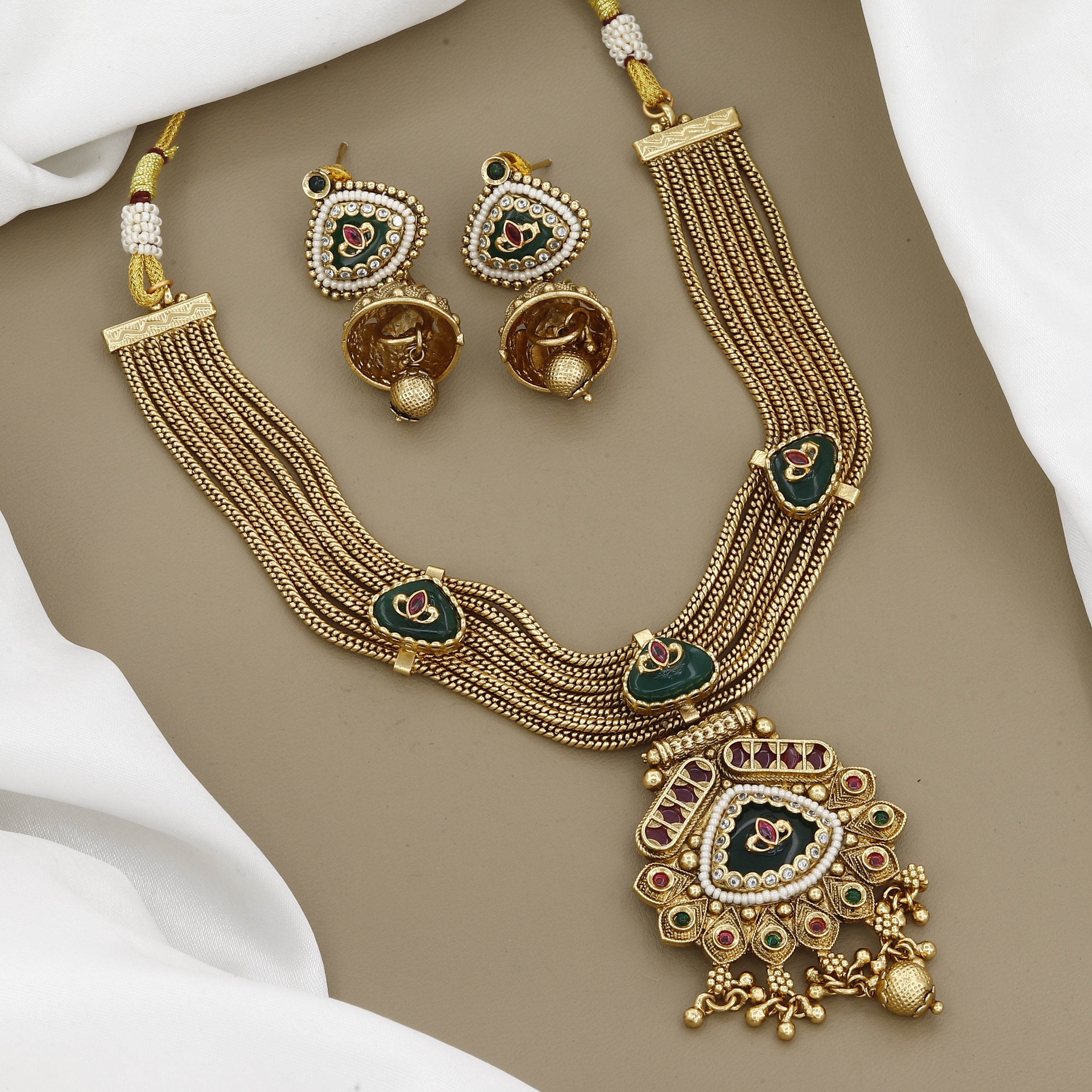 Antique Gold-Toned Multi-Strand Necklace Set with Kundan & Emerald Green Accents