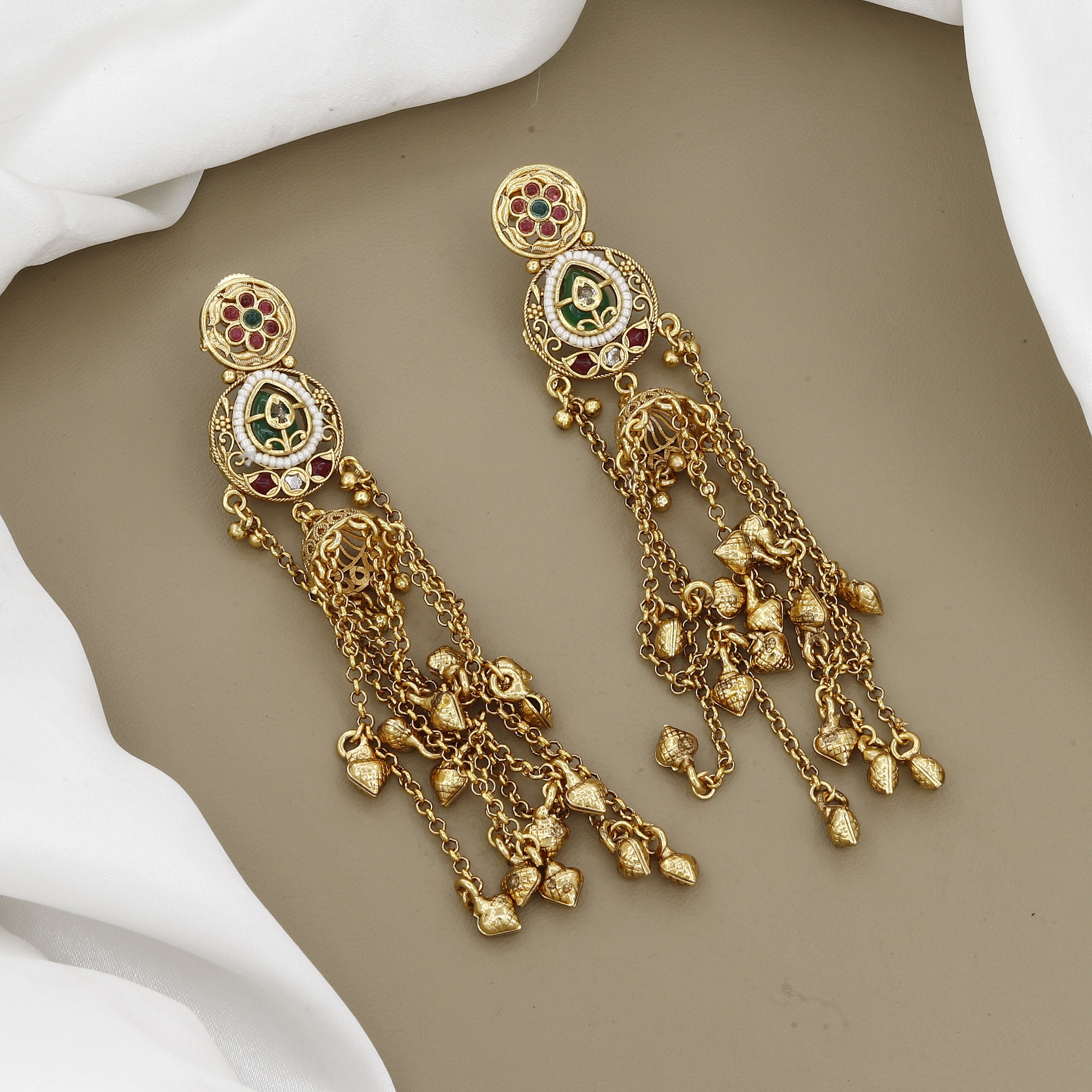 Antique Gold-Plated Long Tassel Earrings with Ruby, Emerald & Pearls