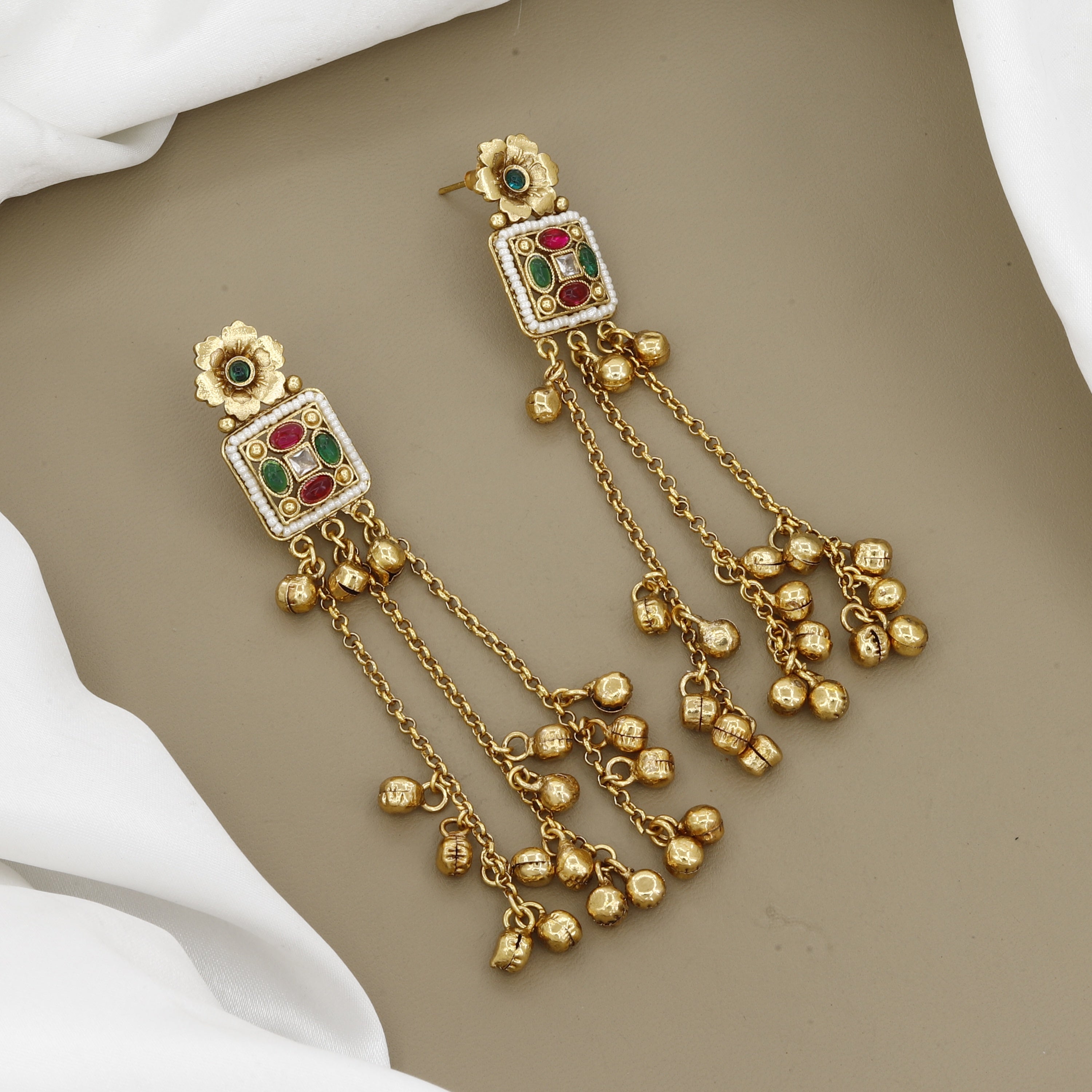 Antique Gold-Plated Long Drop Earrings with Ruby, Emerald & Pearl Accents