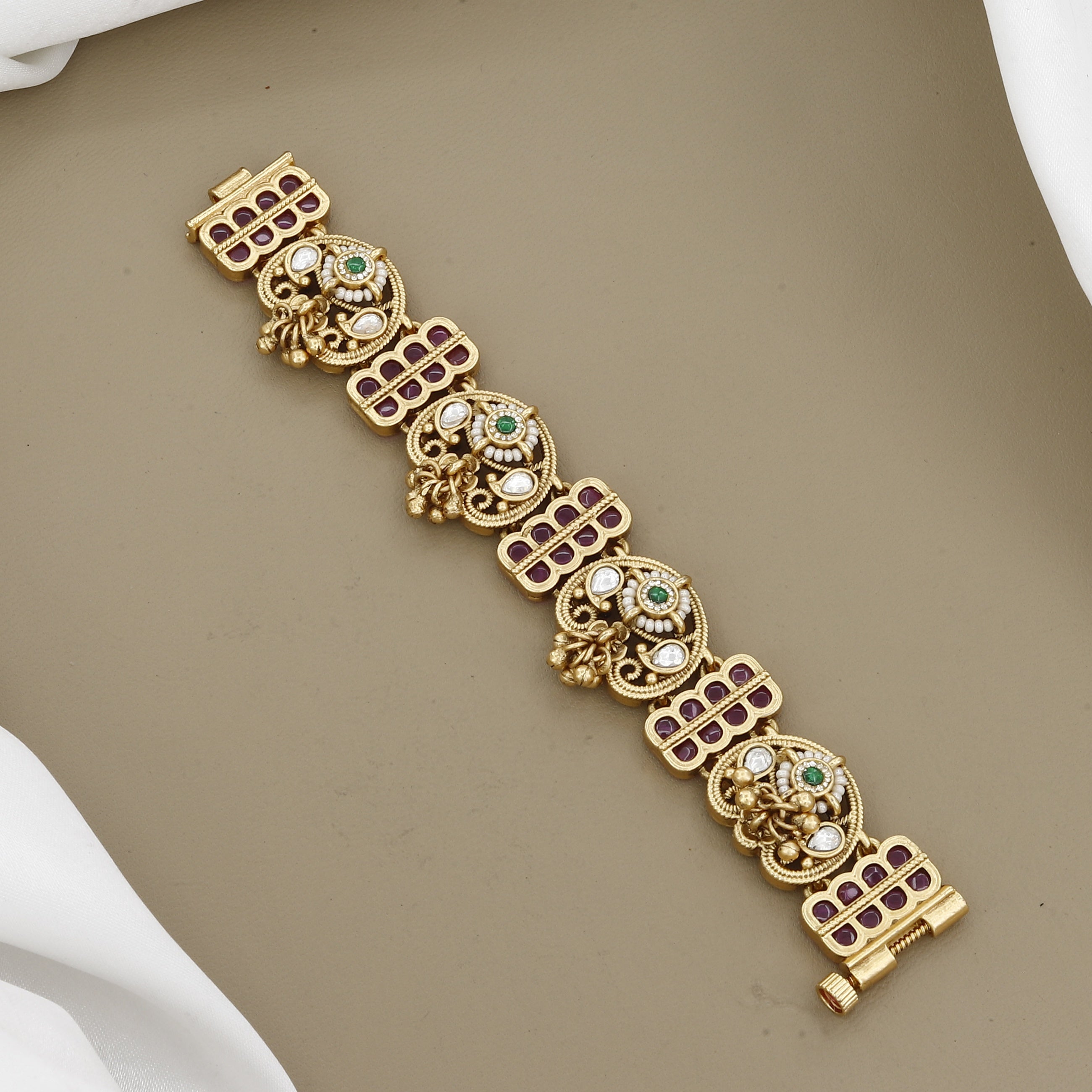 Royal Gold-Plated Kundan Meenakari Peacock Link Bracelet