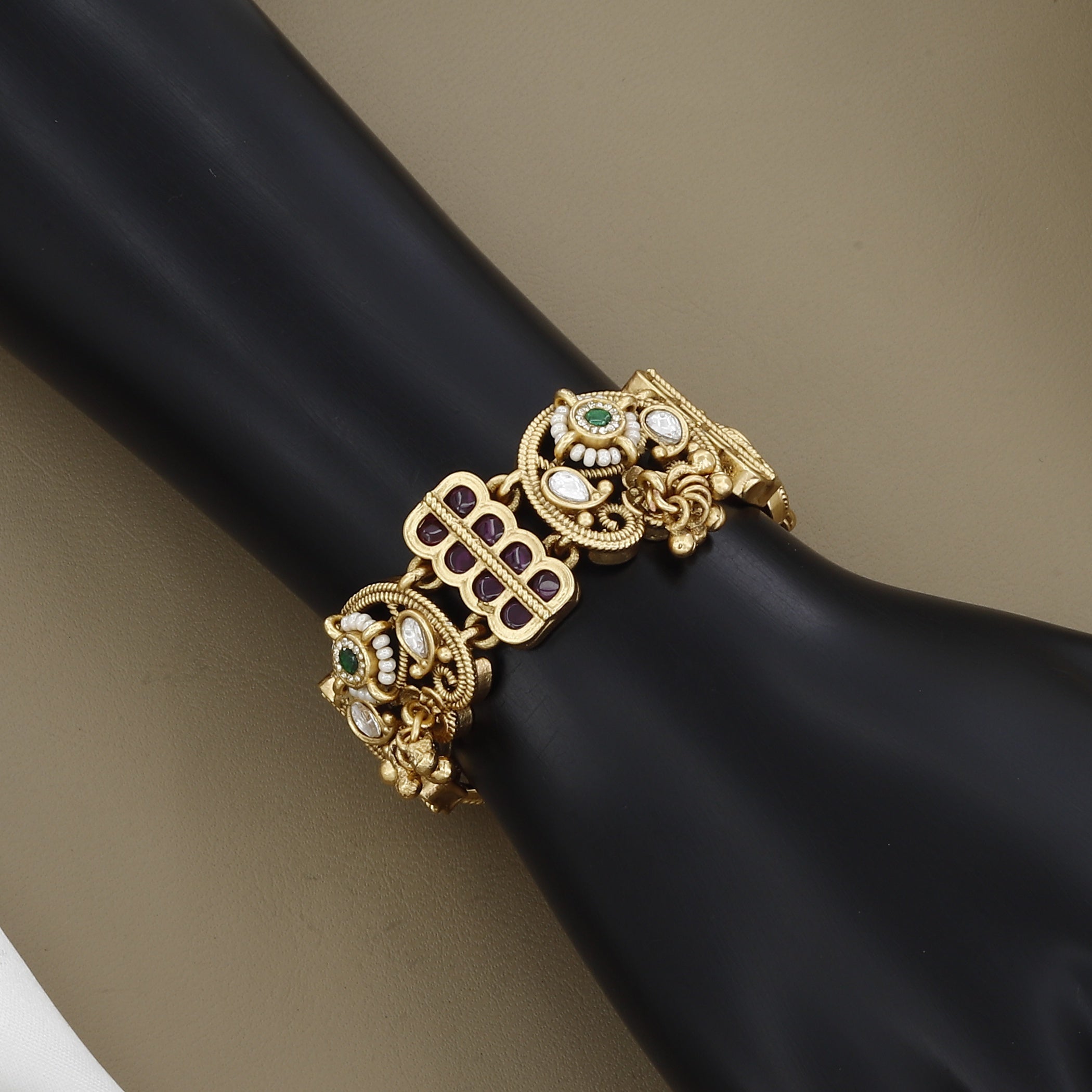 Royal Gold-Plated Kundan Meenakari Peacock Link Bracelet