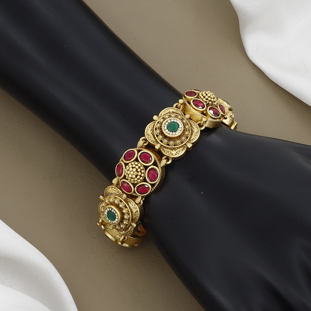 Traditional Indian Gold-Plated Peacock Kundan Meenakari Multi-Strand Bracelet