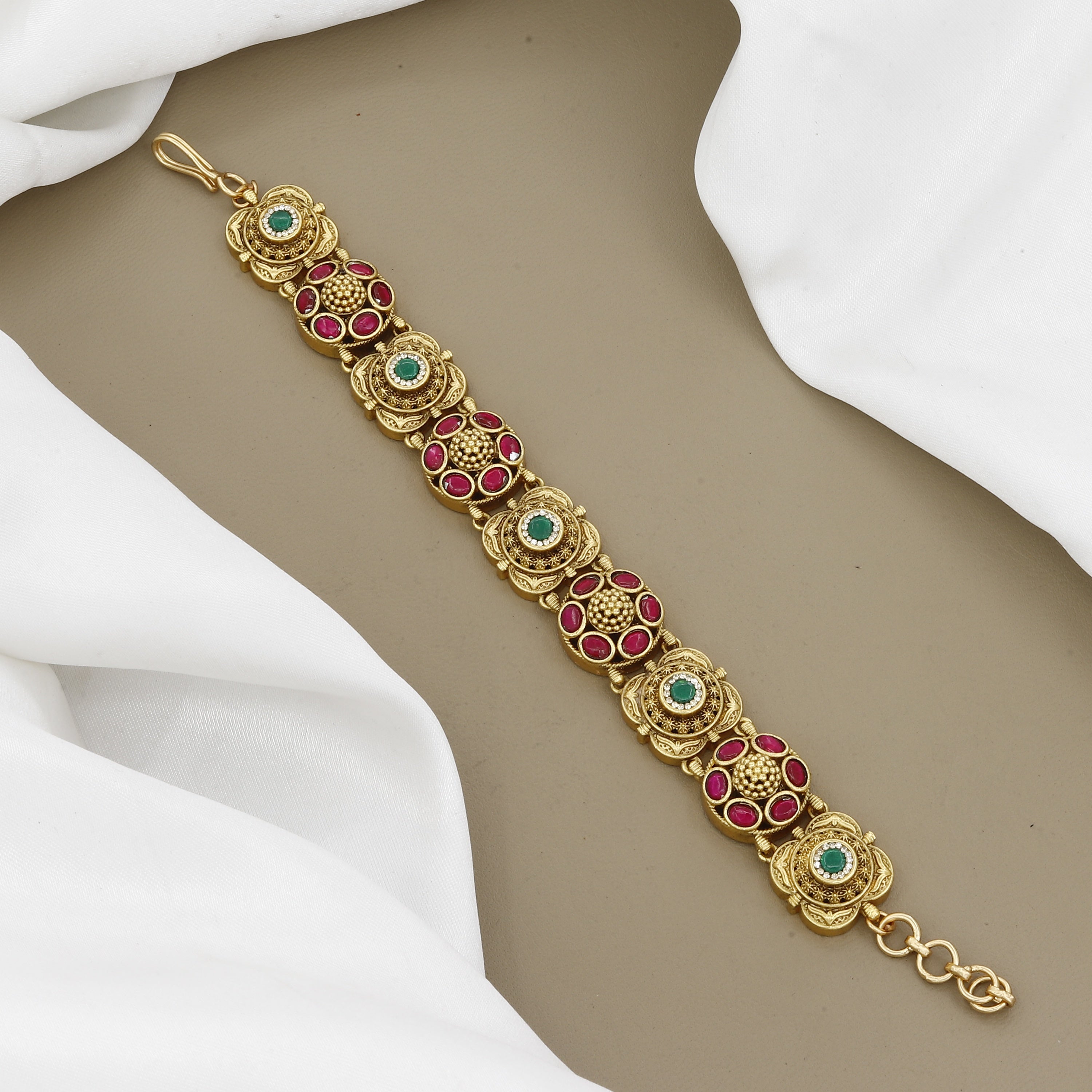 Traditional Indian Gold-Plated Peacock Kundan Meenakari Multi-Strand Bracelet