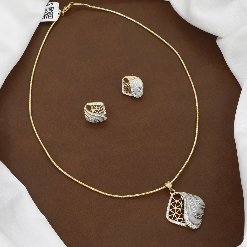 Contemporary Gold Geometric Pendant Set with White Inlay & Stones