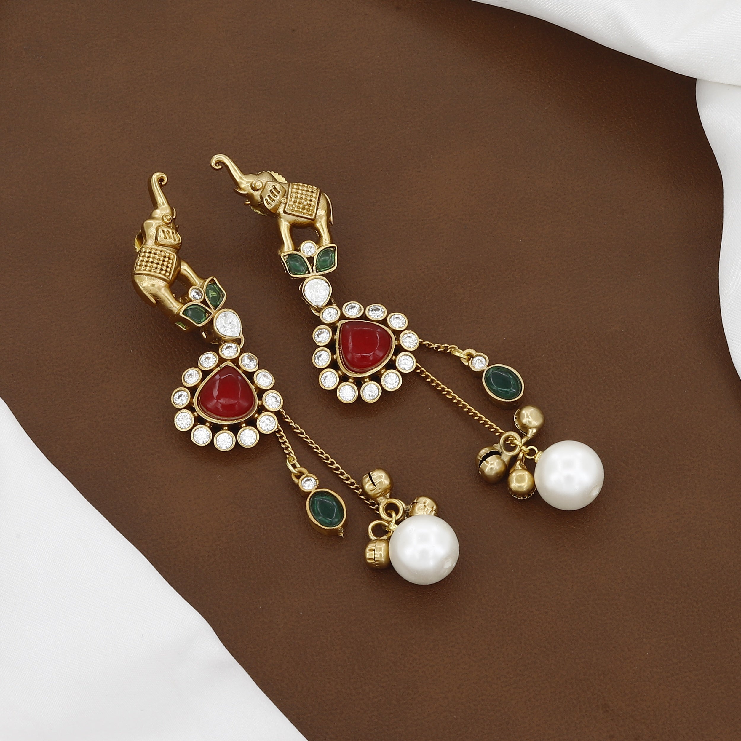 Mehndi Polished Regal Elephant & Ruby Stone Designer Earrings