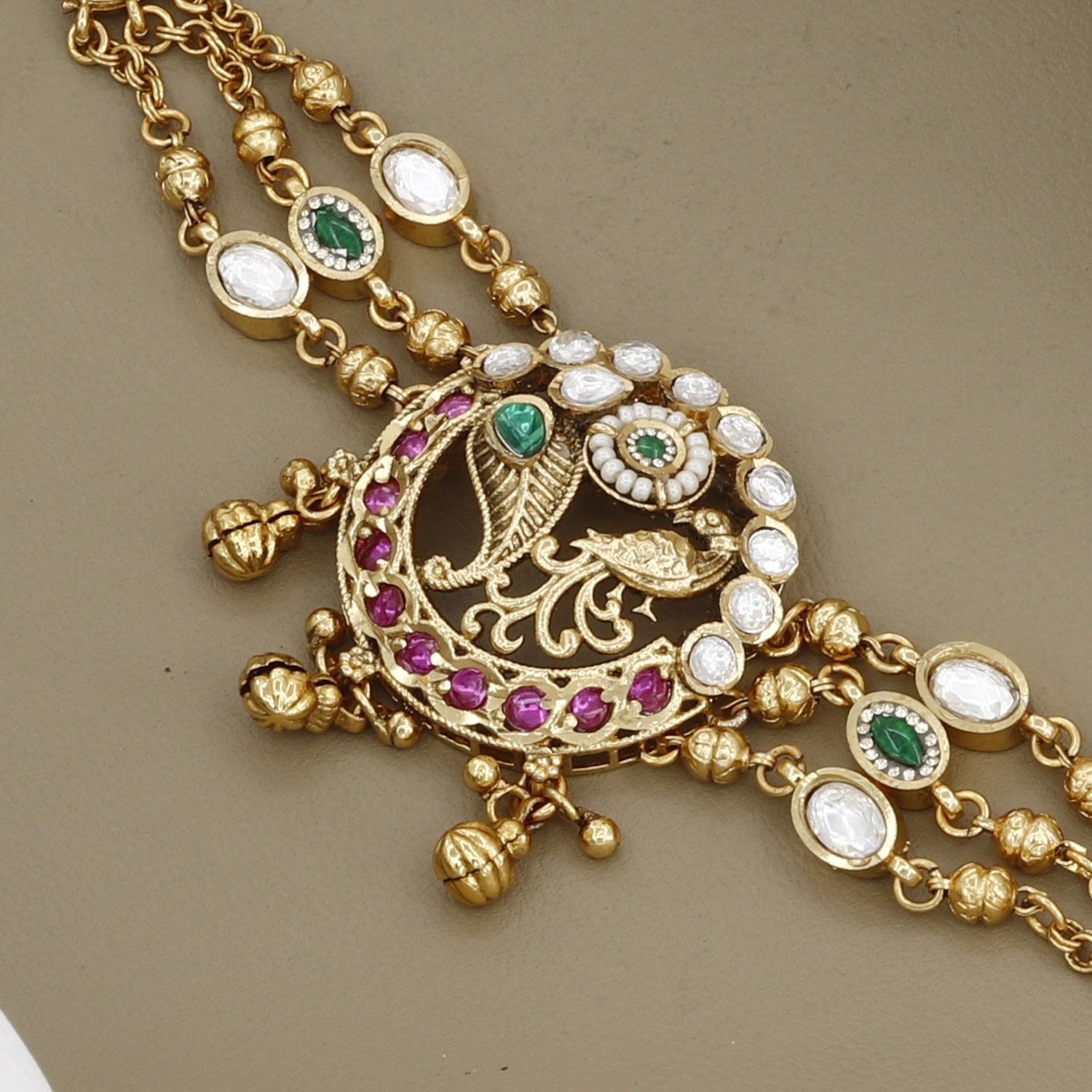 Traditional Indian Gold-Plated Peacock Kundan Meenakari Multi-Strand Bracelet