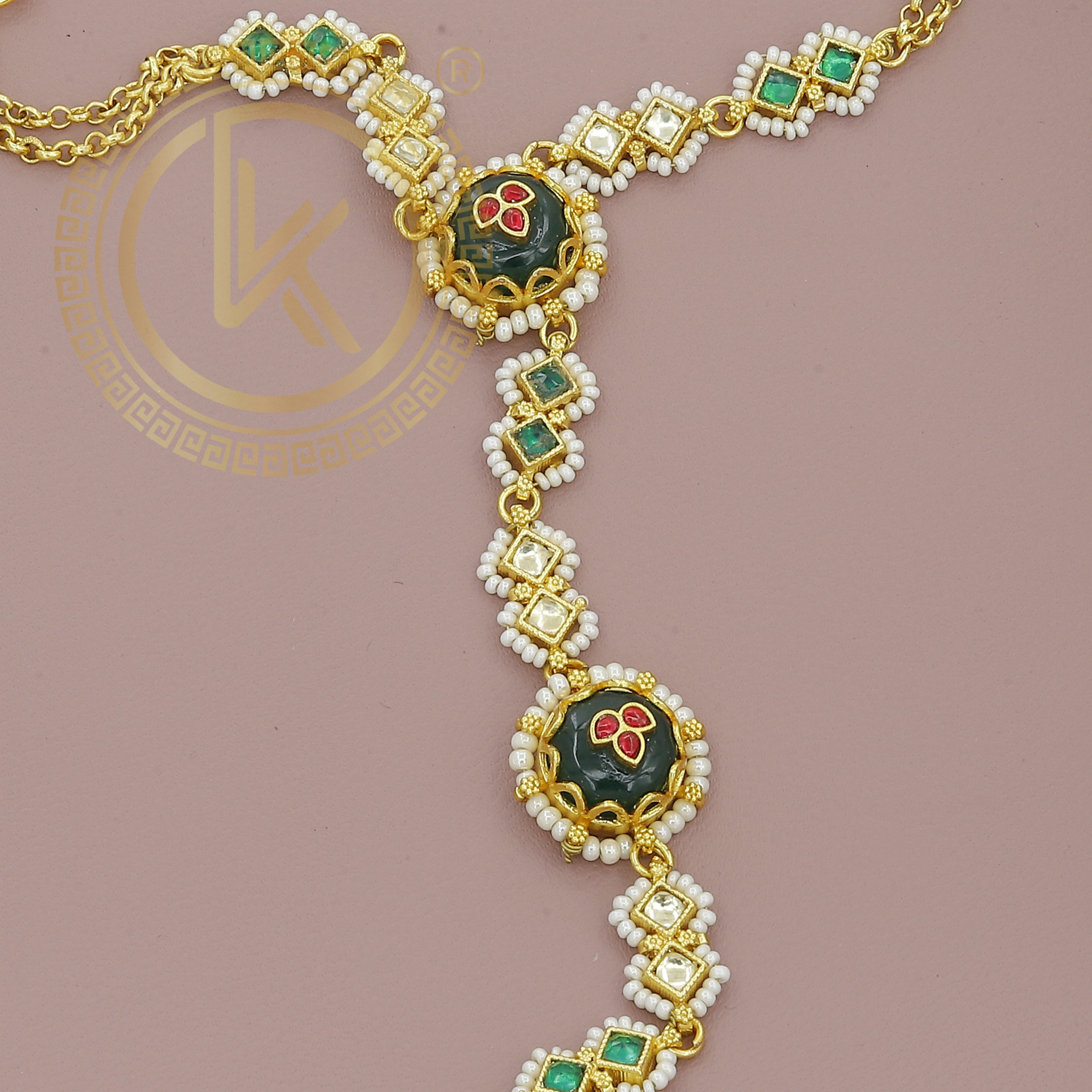 Traditional Kundan Hath Panja with Green Enamel and Pearl Chains