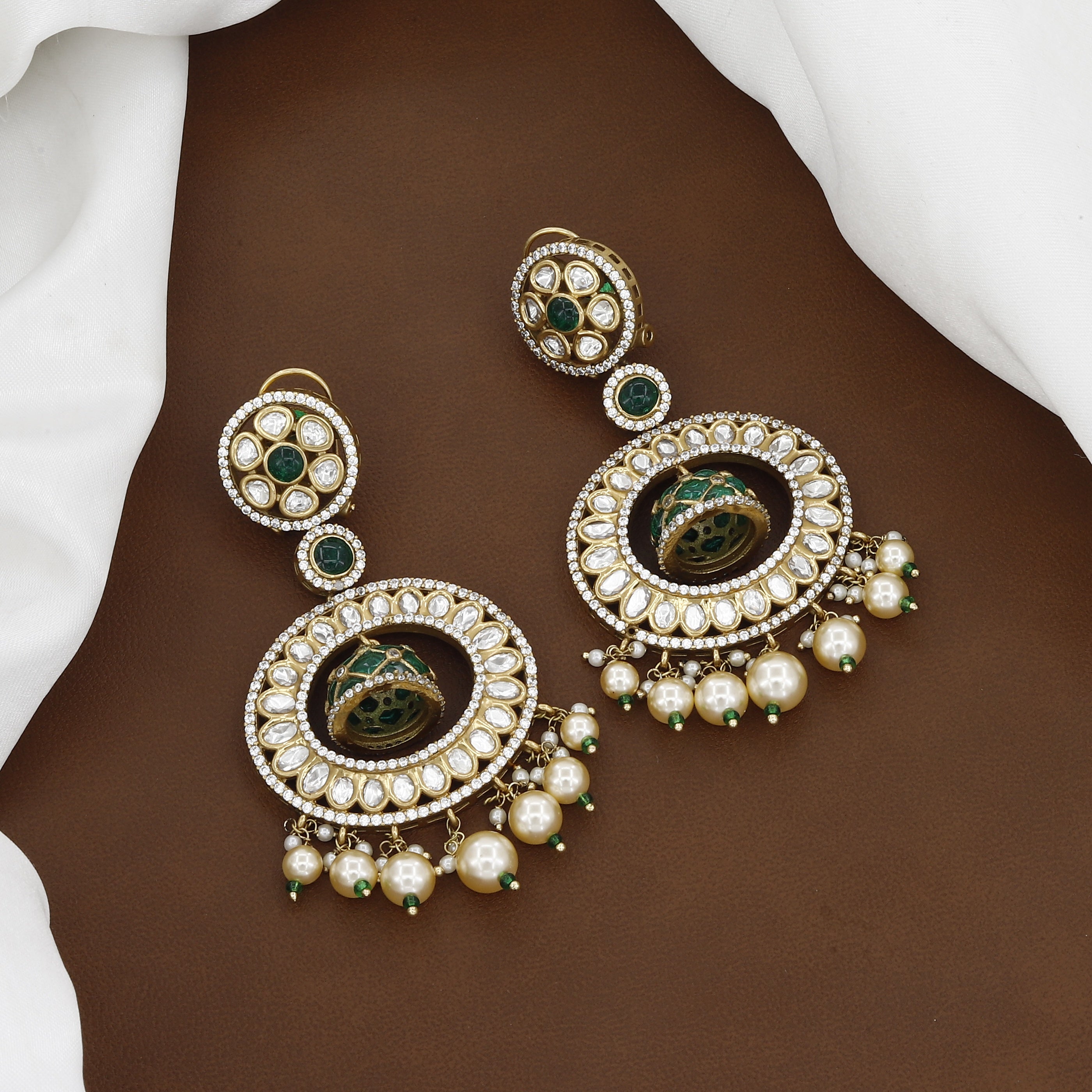 Victorian Polished Designer White & Green Stone Earrings