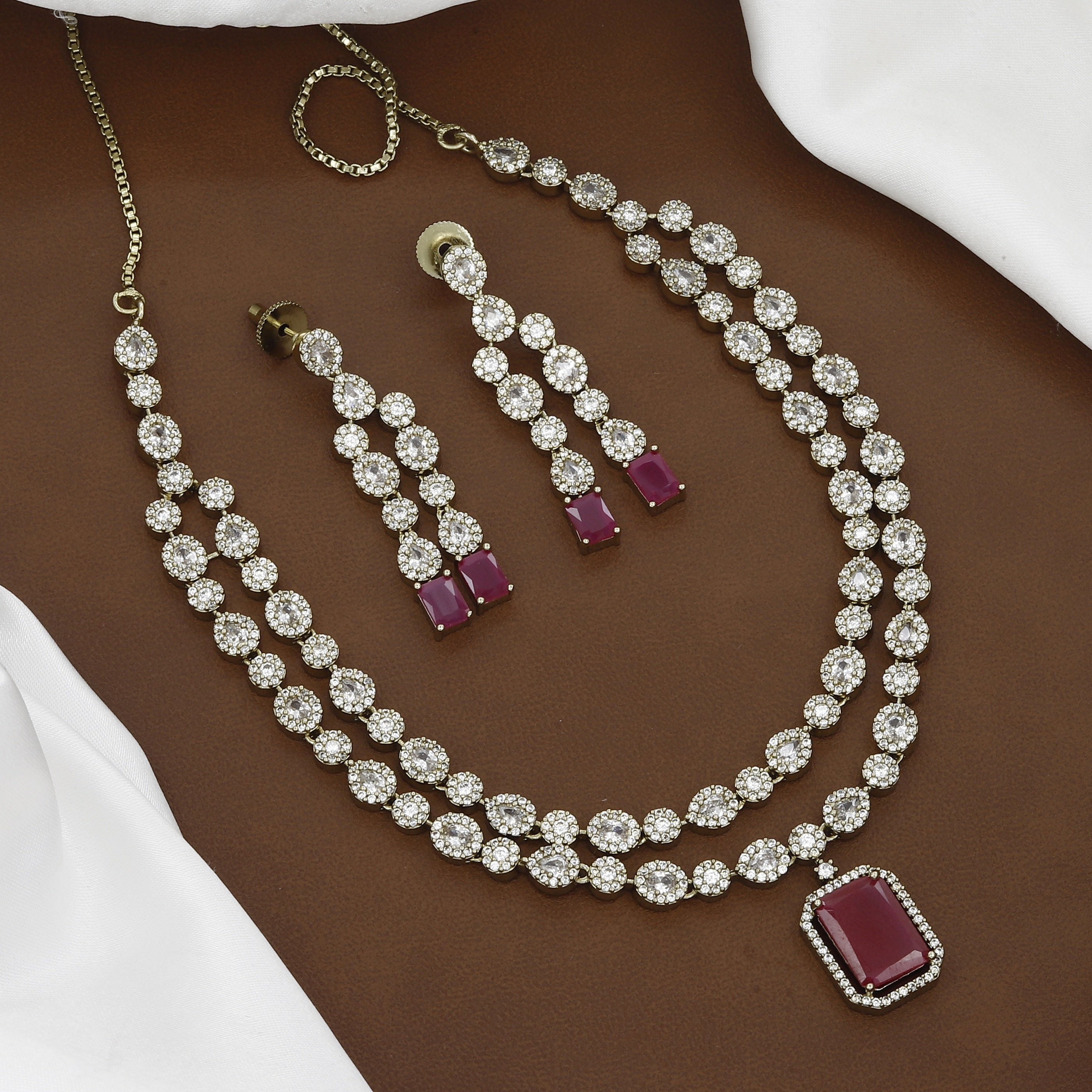 Mehndi Elegant Ruby & American Diamond Double Layer Necklace Set