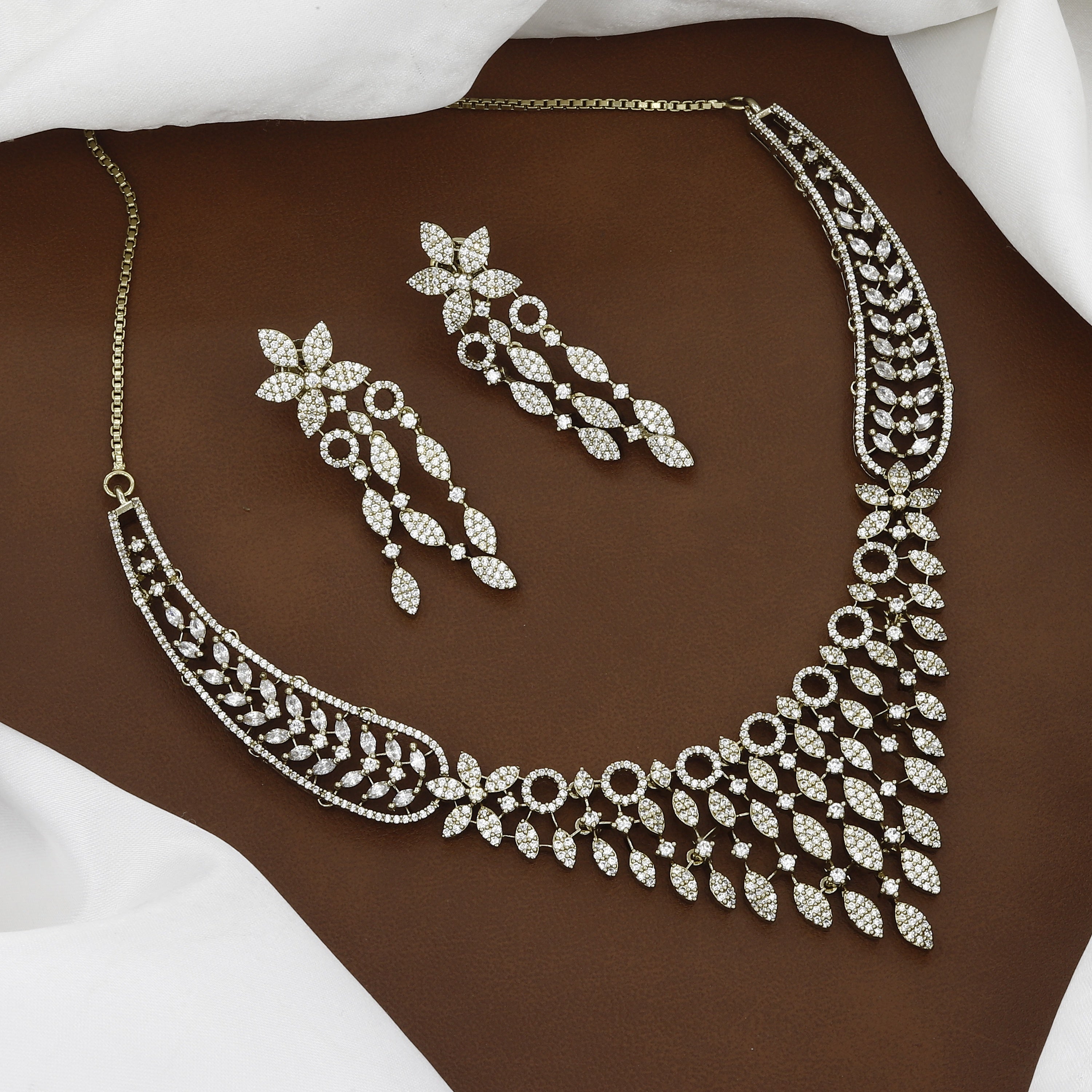 Elegant Mehndi-Polished American Diamond Floral Necklace Set