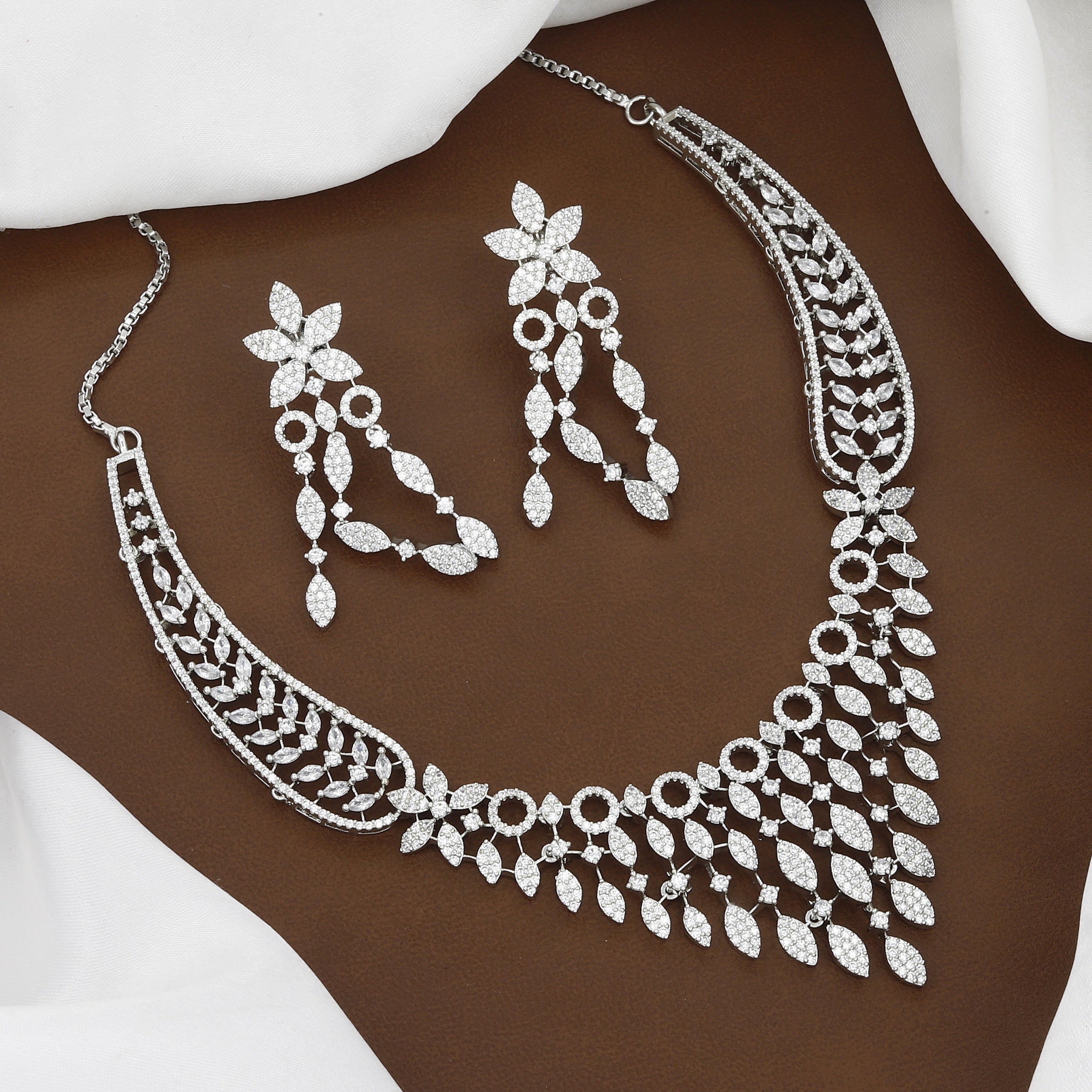 Elegant Silver-Polished American Diamond Floral Necklace Set