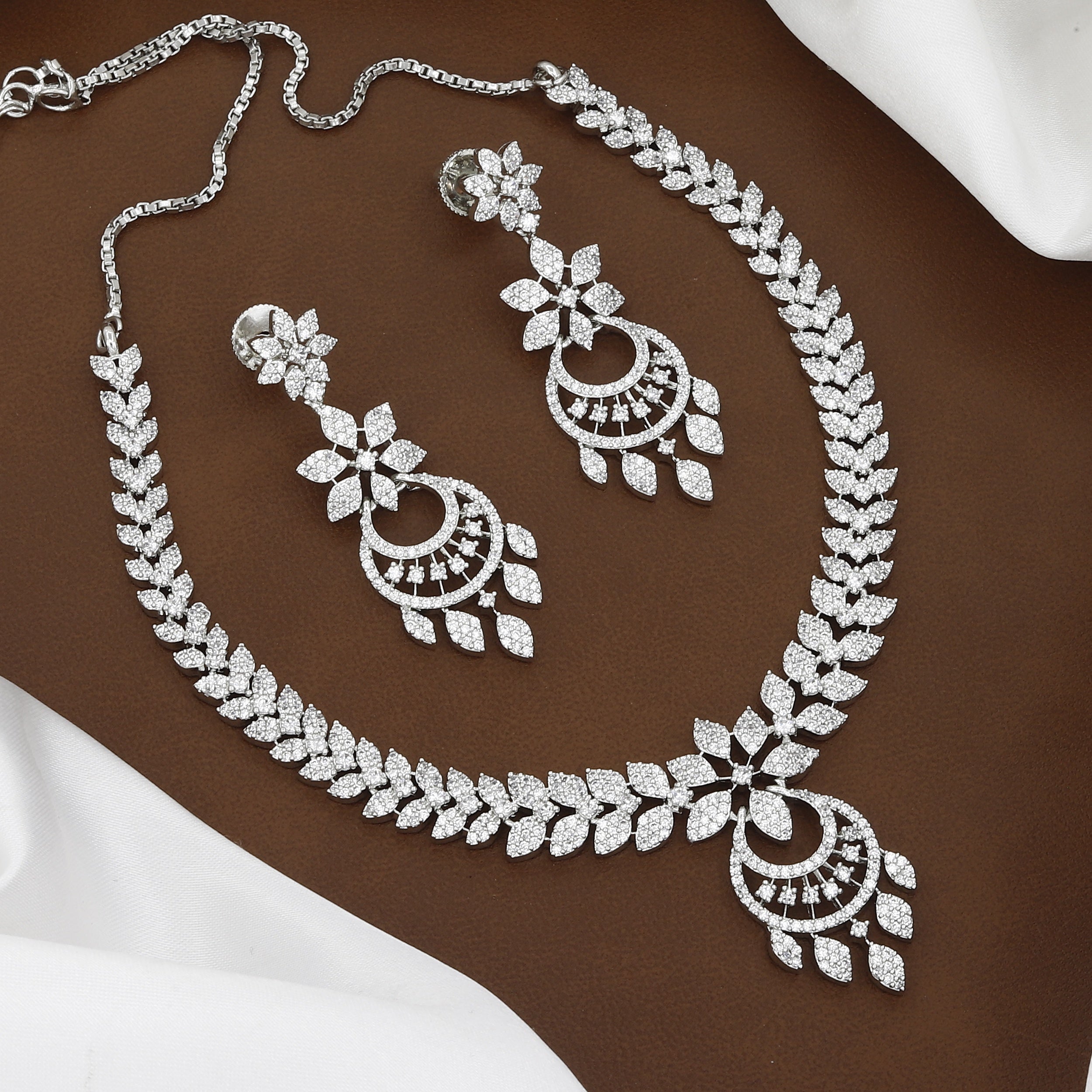 Mini Silver Polished American Diamond Floral Necklace Set