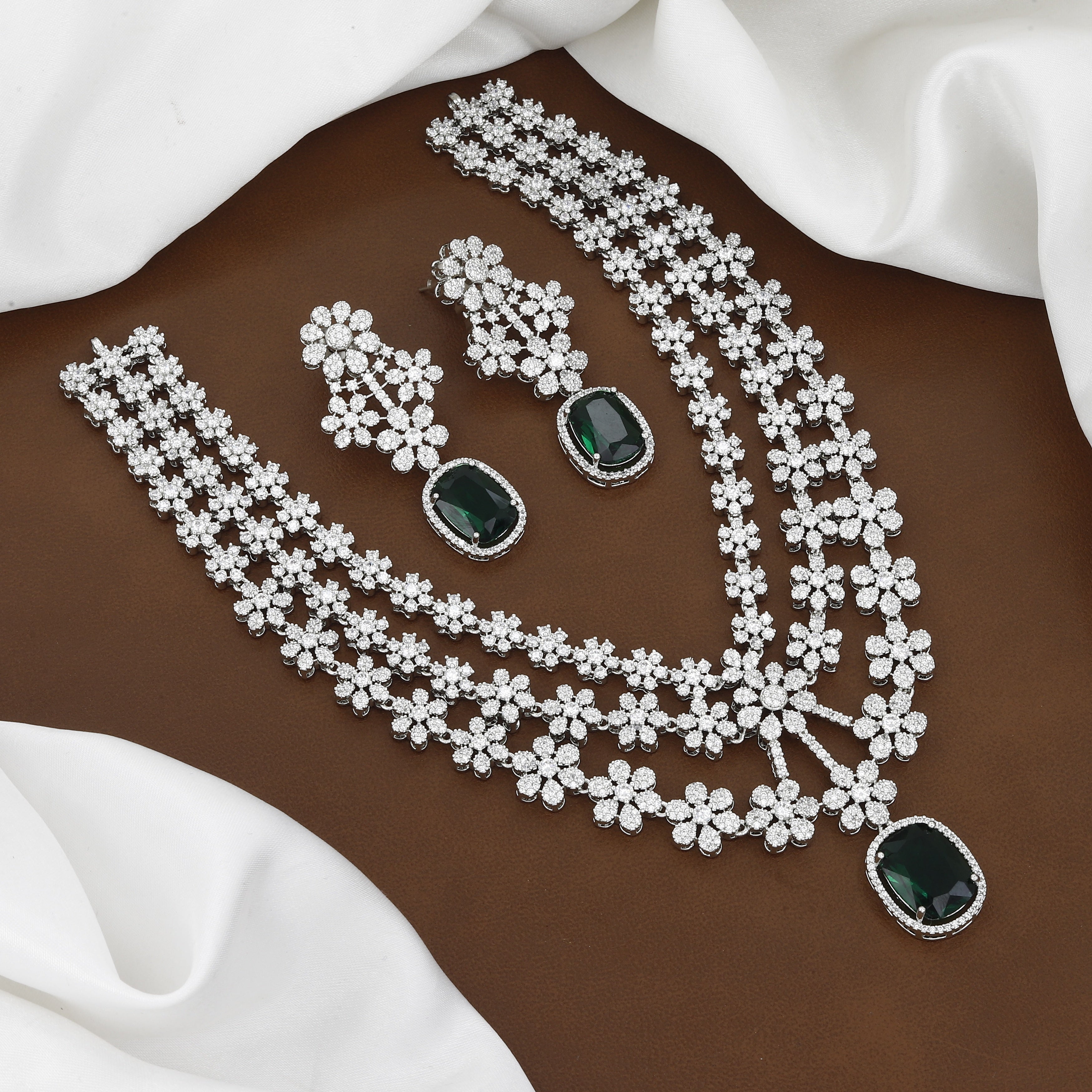 Emerald Green & American Diamond 3-Layer Floral Necklace Set (With Chain)