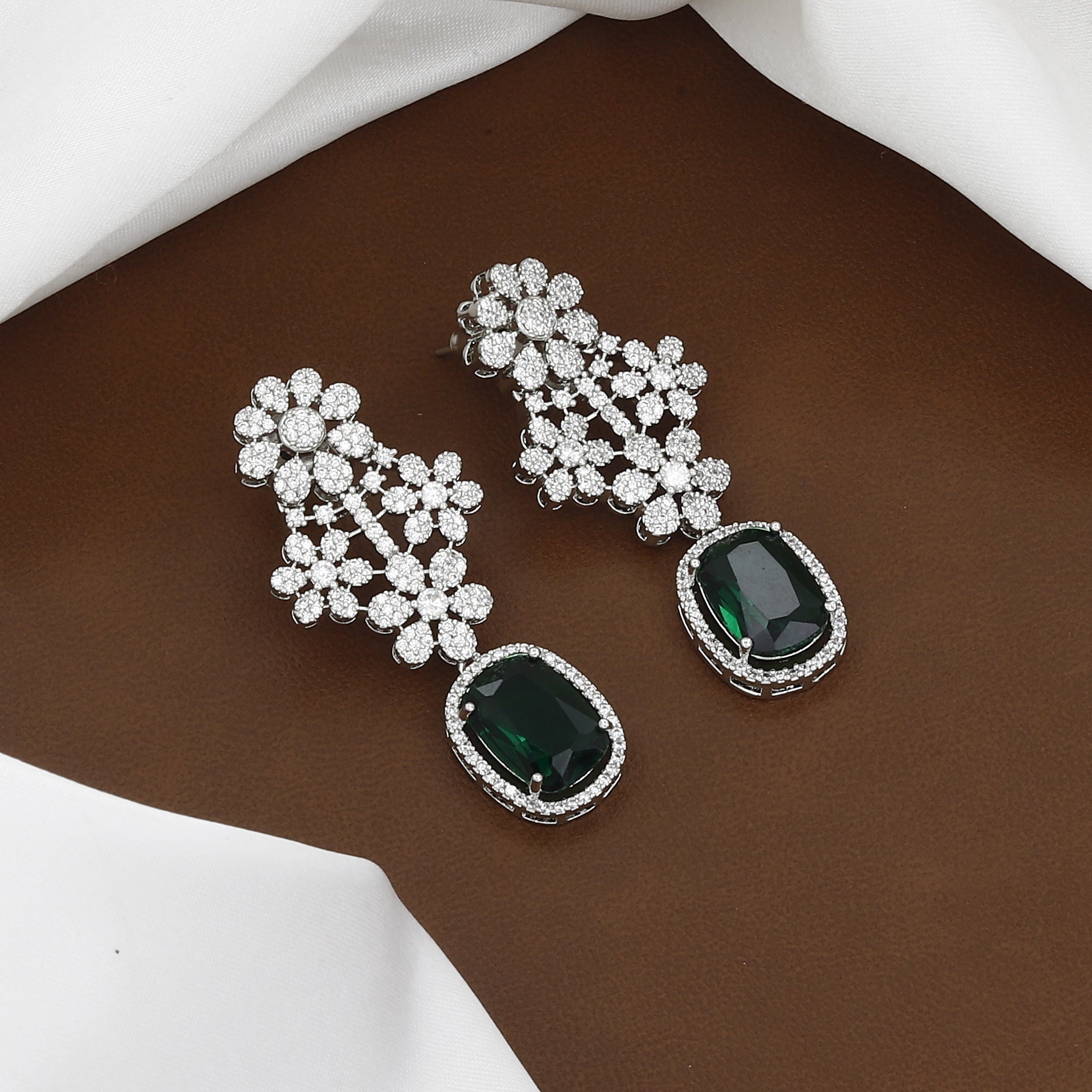 Emerald Green & American Diamond 3-Layer Floral Necklace Set (With Chain)