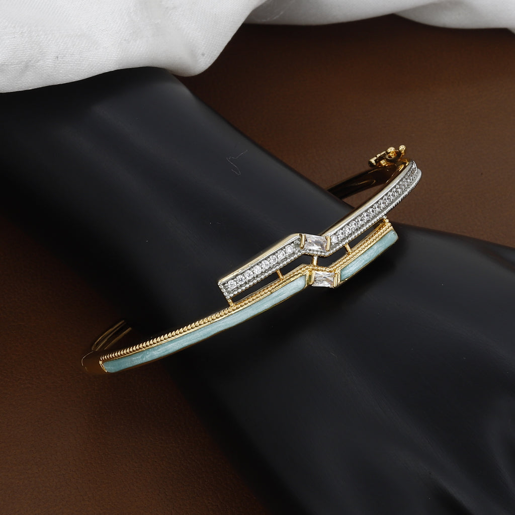 Modern Gold-Tone Chevron Bangle with Enamel & Crystals