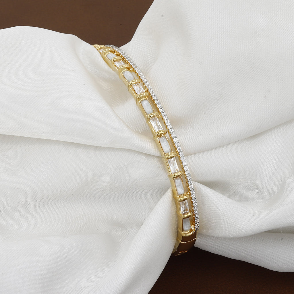 Luxurious Gold Double-Row Bangle with Baguette Crystals & White Inlay