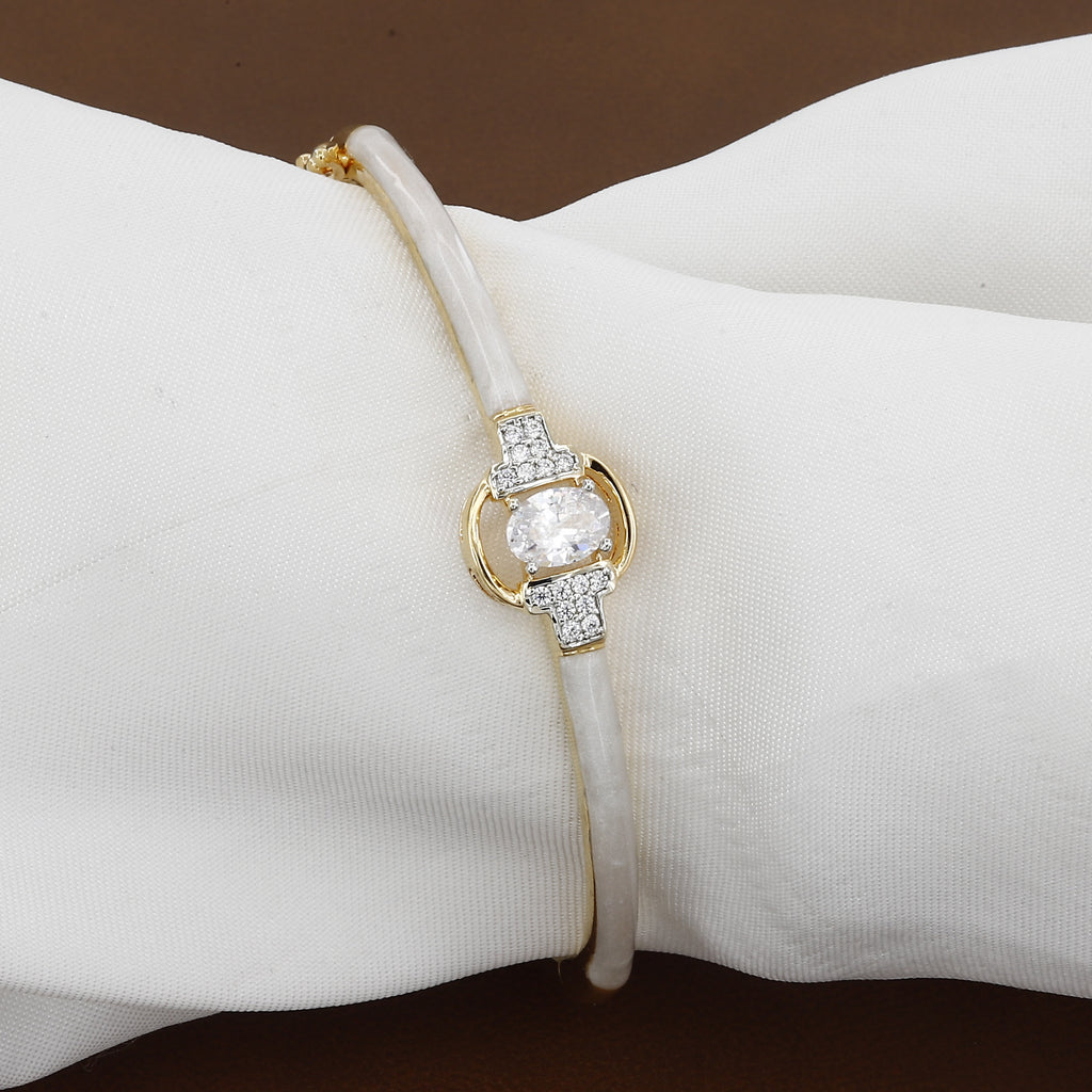 Gold Oval Solitaire Bangle Bracelet with White Inlay