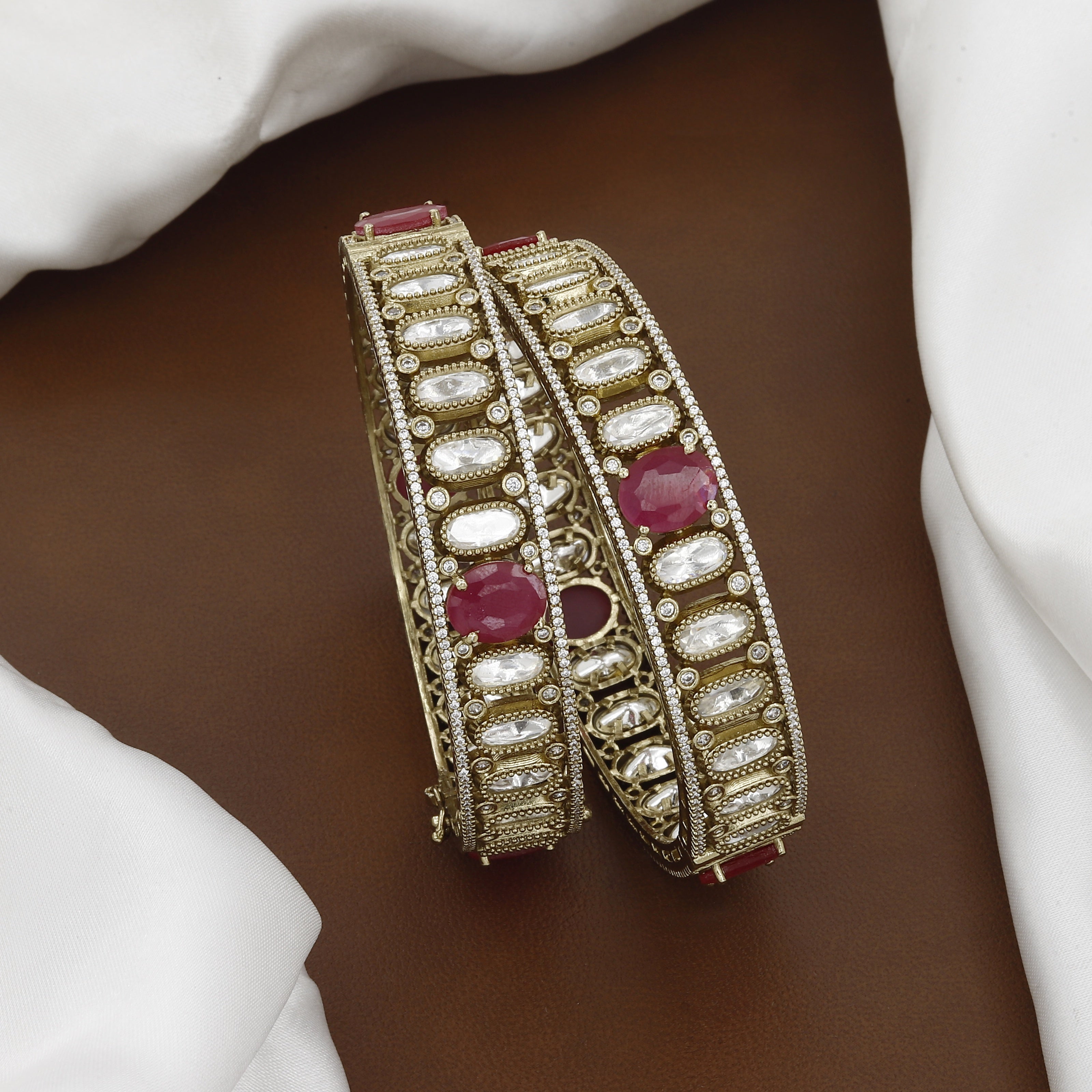 Mehndi Polished Antique Patla Set with Polki Stones and Ruby Accents