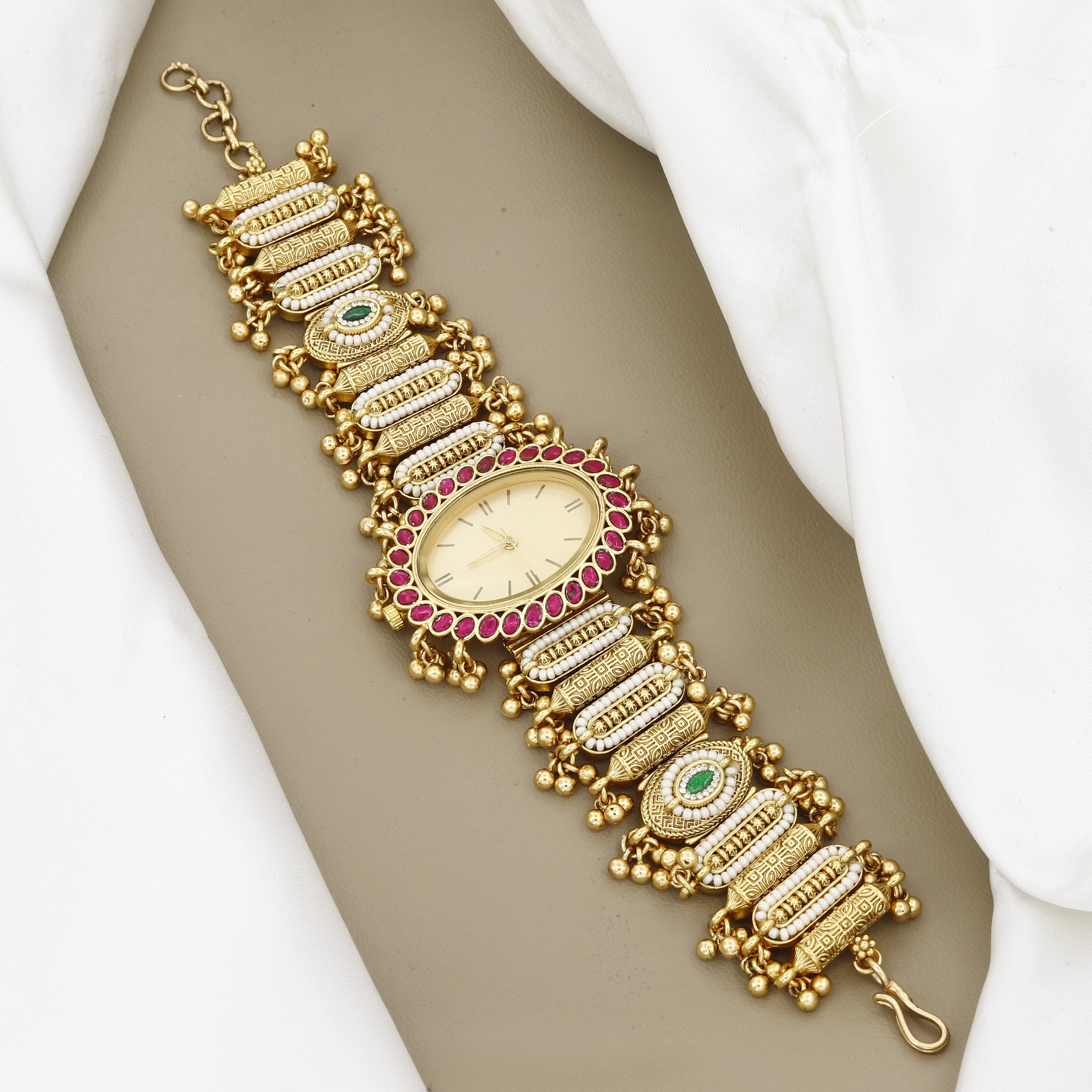 Vintage-Style Watch Bracelet with Ruby Stones & Pearl Accents