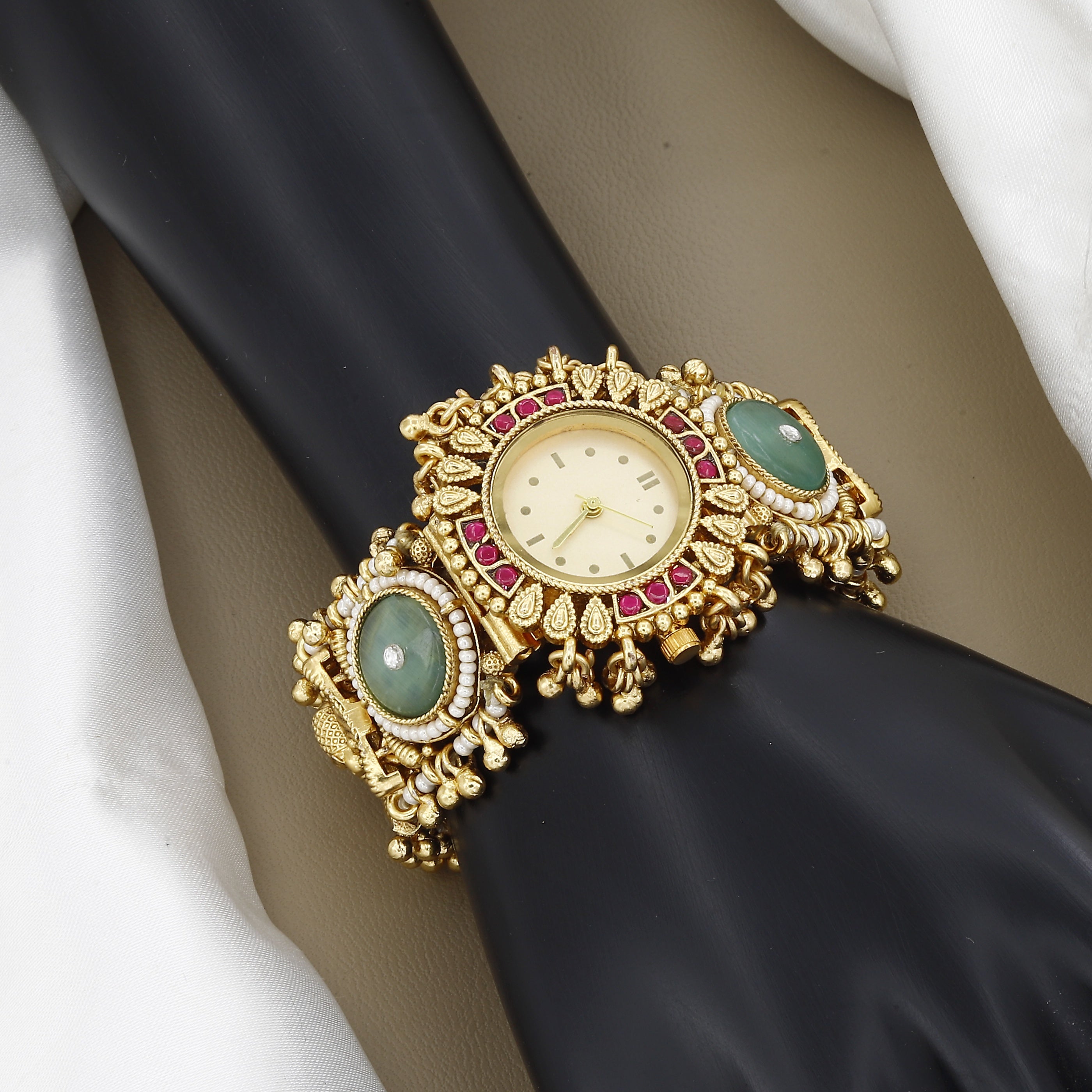 Antique Watch Bracelet with Ruby, Emerald & Jade Accents
