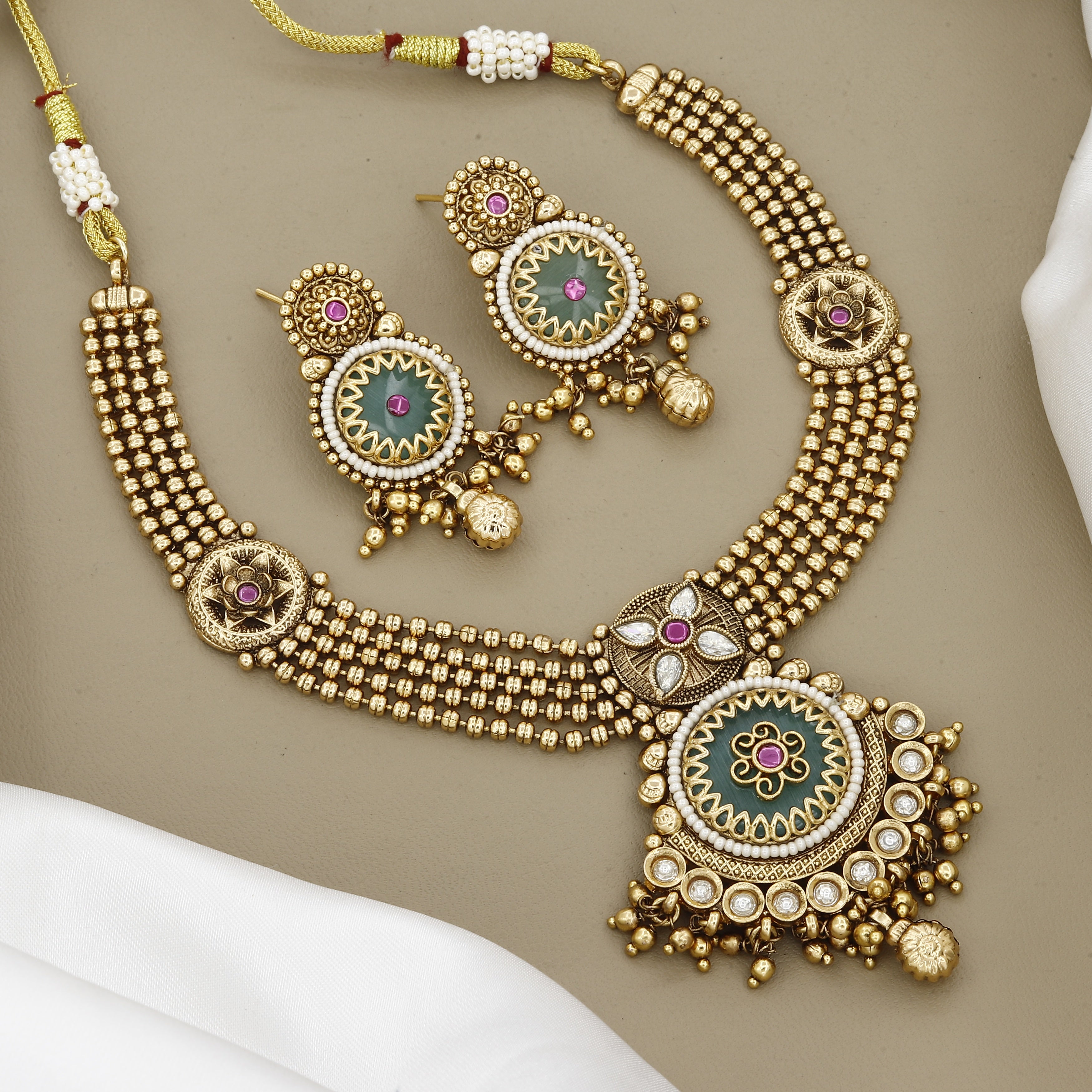 Triple-Strand Gold Bead Necklace Set with Circular Green Medallion