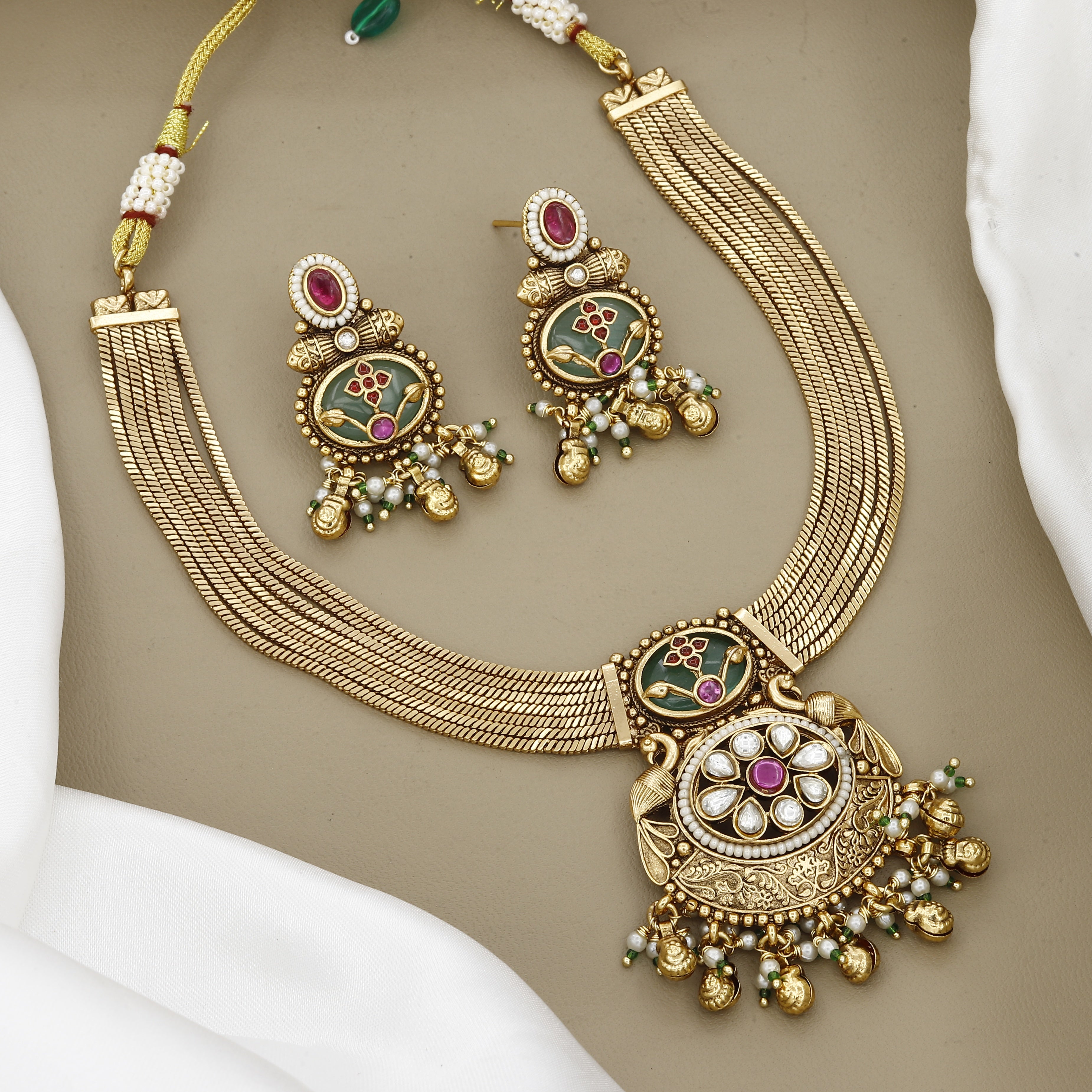 Grand Antique Gold Necklace Set with Meenakari & Peacock Motifs