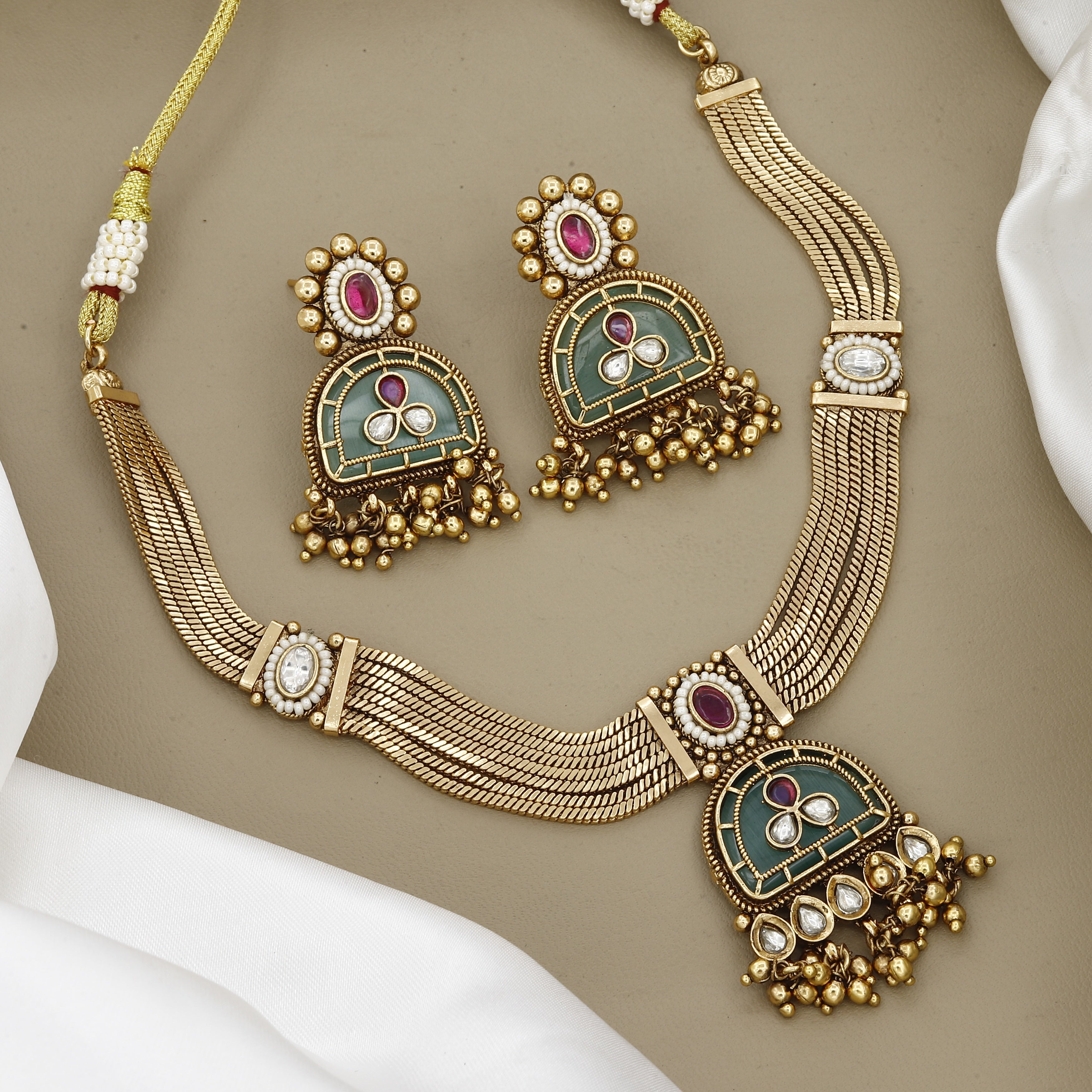 Traditional Meenakari & Gold Mesh Necklace Set